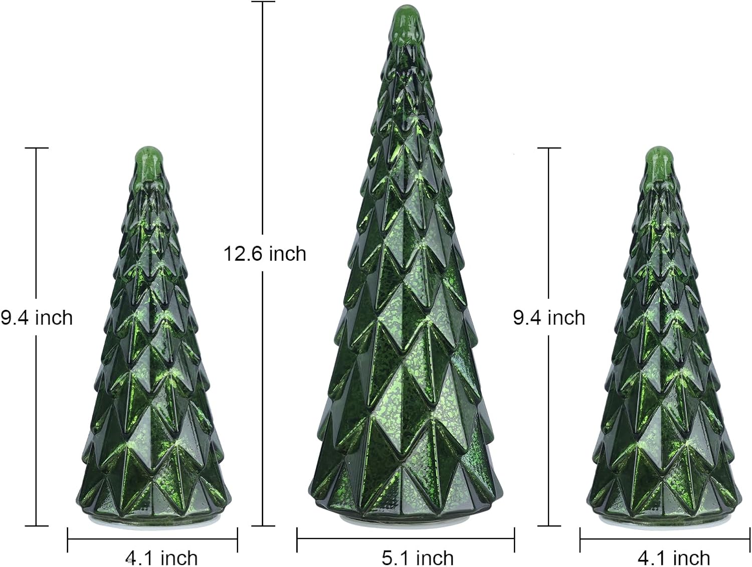 Decoraciones de Navidad para interiores, juego de 3 árboles de Navidad de cristal verde preiluminados para decoración del hogar, decoración de mesa