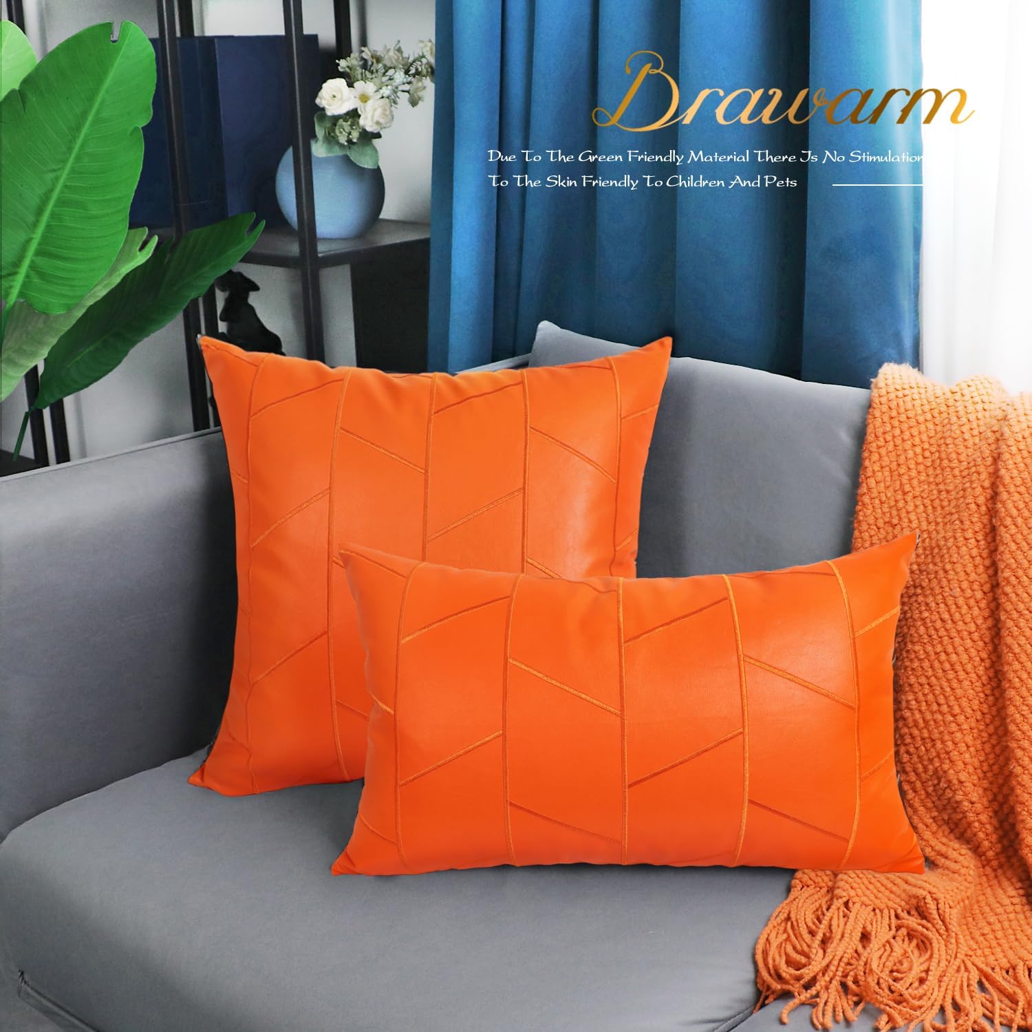 BRAWARM Fundas de almohada de piel sintética de 18 x 18 pulgadas, fundas de almohada de cuero naranja, paquete de 2, almohadas decorativas de cuero