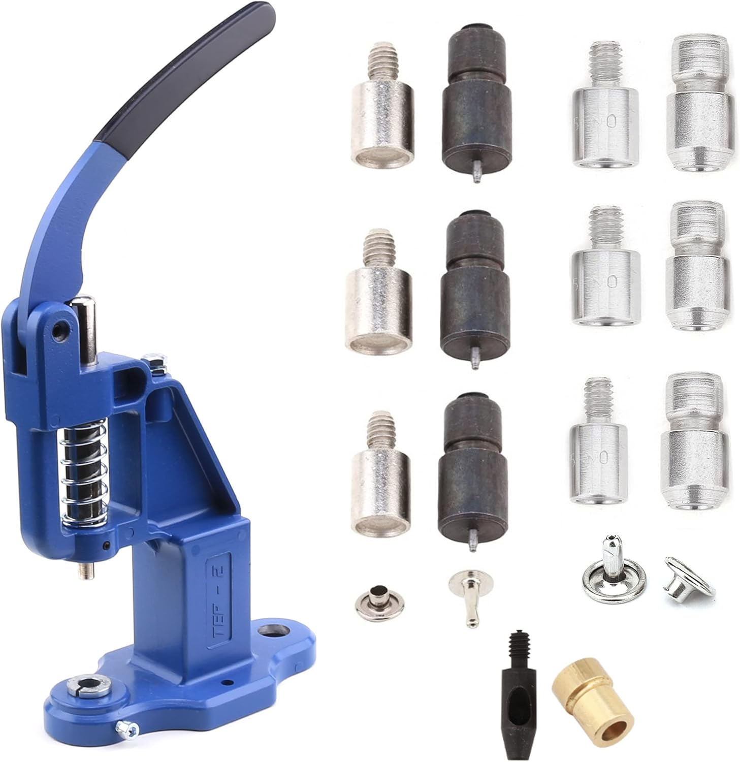Kit de bricolaje de ajuste de remaches todo en uno, máquina de prensa de remaches, 6 troqueles de remache de tapa redonda simple y doble y