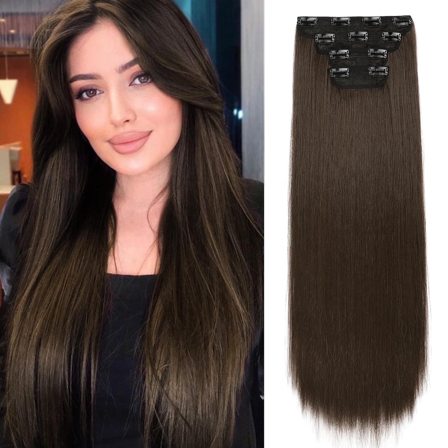 REECHO Juego de 4 extensiones de cabello con clip de 28 pulgadas, lacio, largo y grueso, marrón chocolate