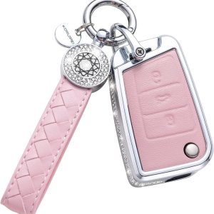 Funda para llavero de VW Volkswagen con llavero, carcasa de protección de cristal de cuero genuino rosa Funda para llavero de VW Volkswagen con llavero, carcasa de protección de cristal de cuero genuino rosa