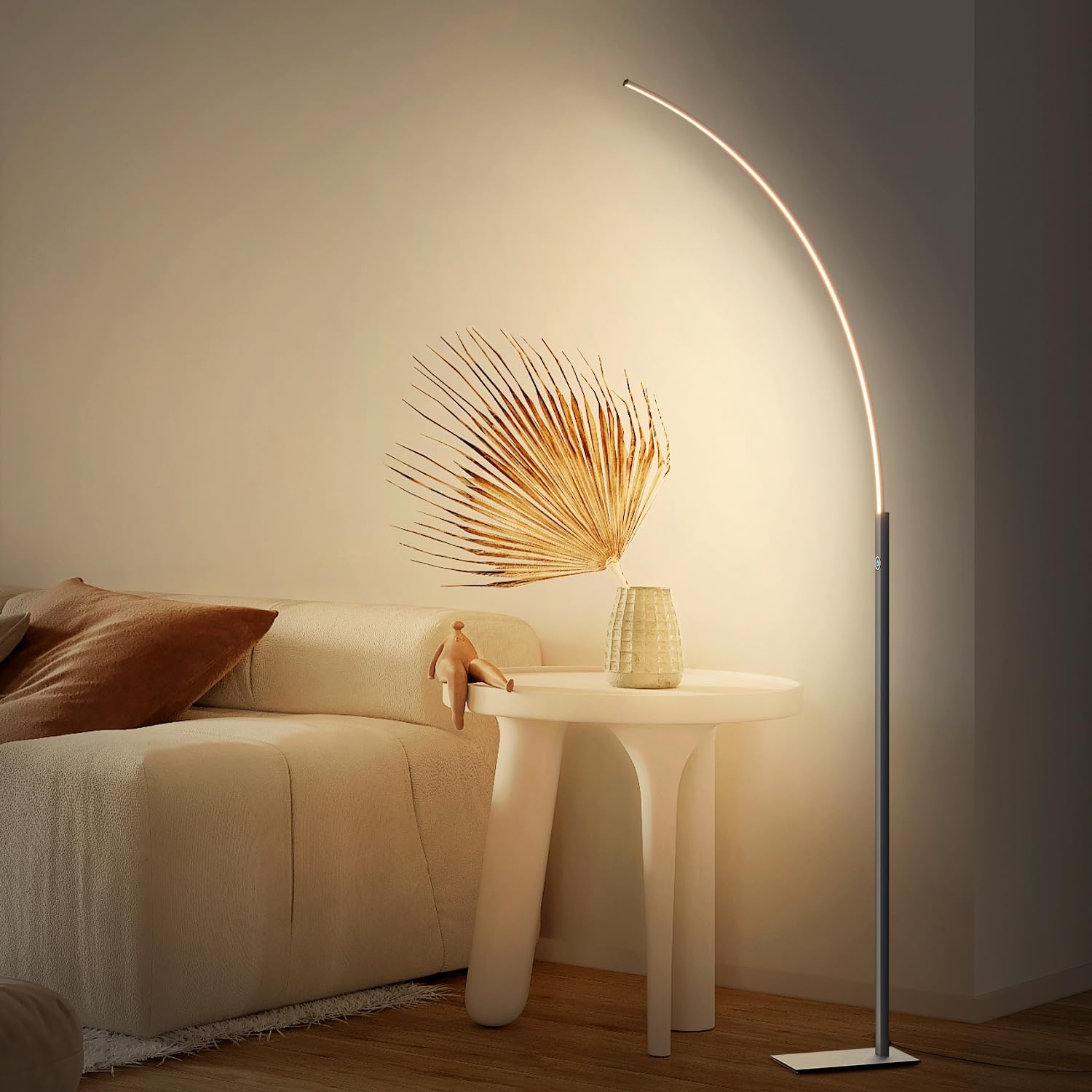 2023 Moderna lámpara de pie de arco de 63 pulgadas, lámpara de pie negra cepillada para sala de estar y dormitorio, control táctil, luz cálida de
