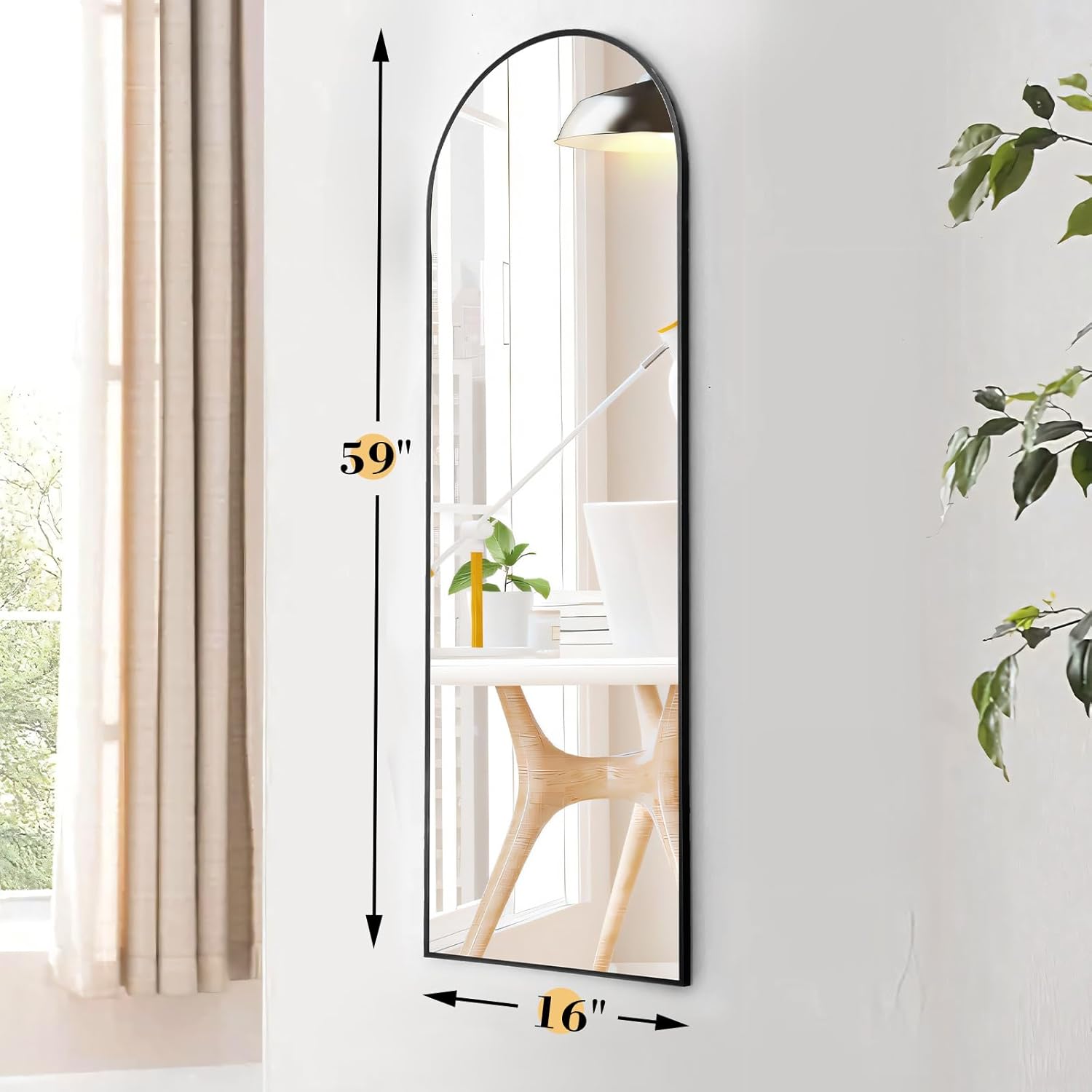 DUMOS Espejo arqueado de longitud completa de 59 x 16 pulgadas con soporte, espejo de piso con marco de aleación de aluminio para dormitorio, espejo