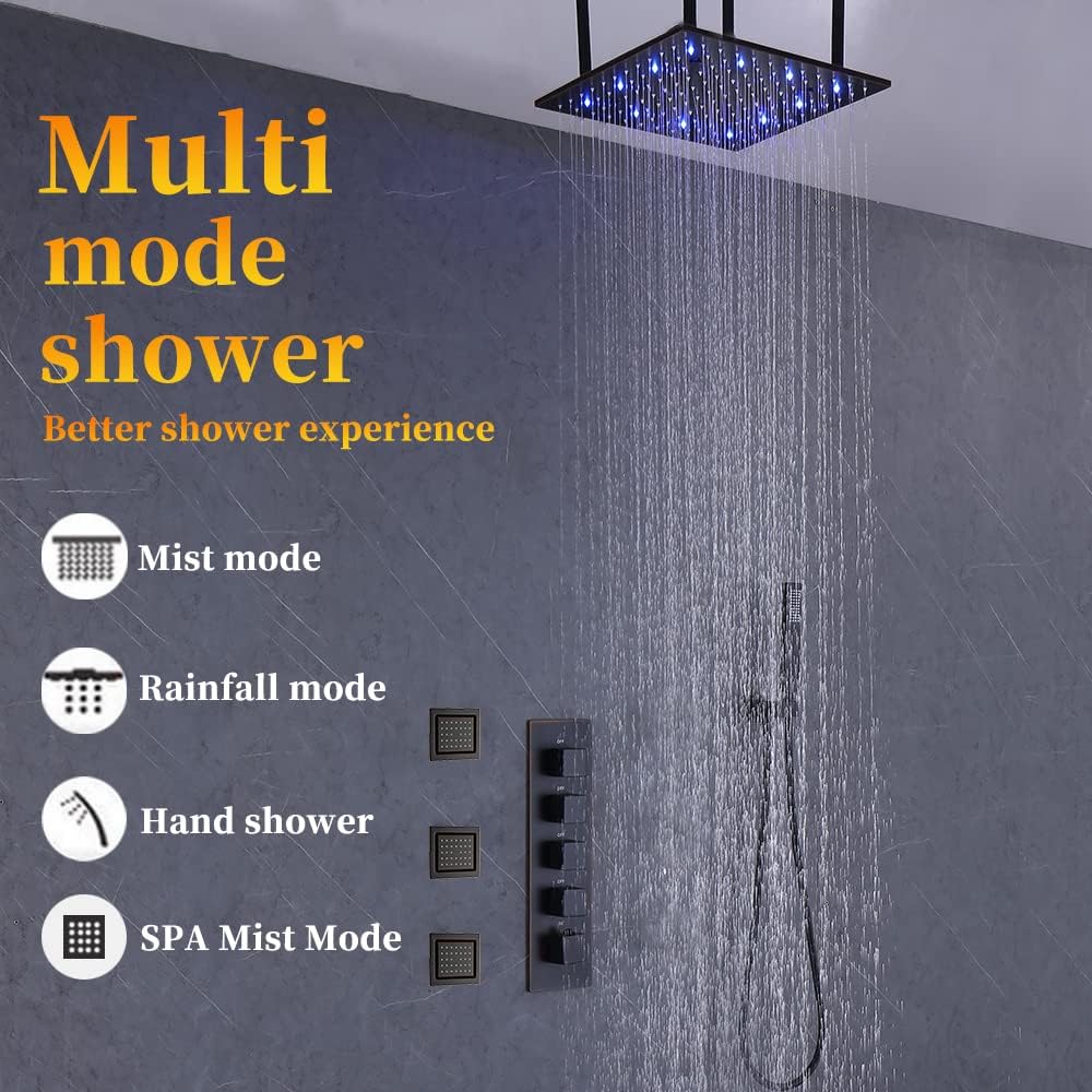 AYIVG Sistema de ducha de bronce aceitado con 3 chorros corporales de baño, cabezal de ducha atomizador de techo LED de 16 pulgadas con ducha de