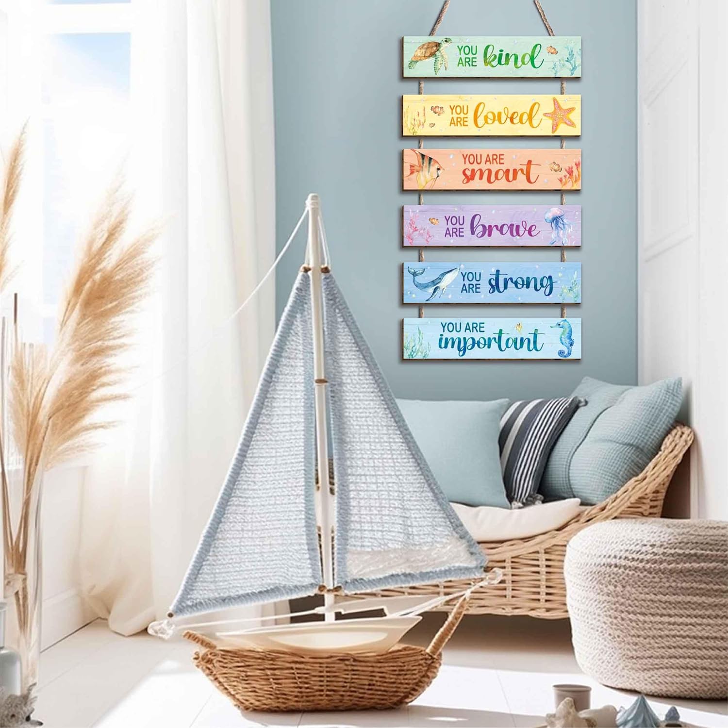 6 piezas de decoración de océano para habitación de niños, letrero colgante con acuarela, océano, citas positivas inspiradoras, decoración de pared