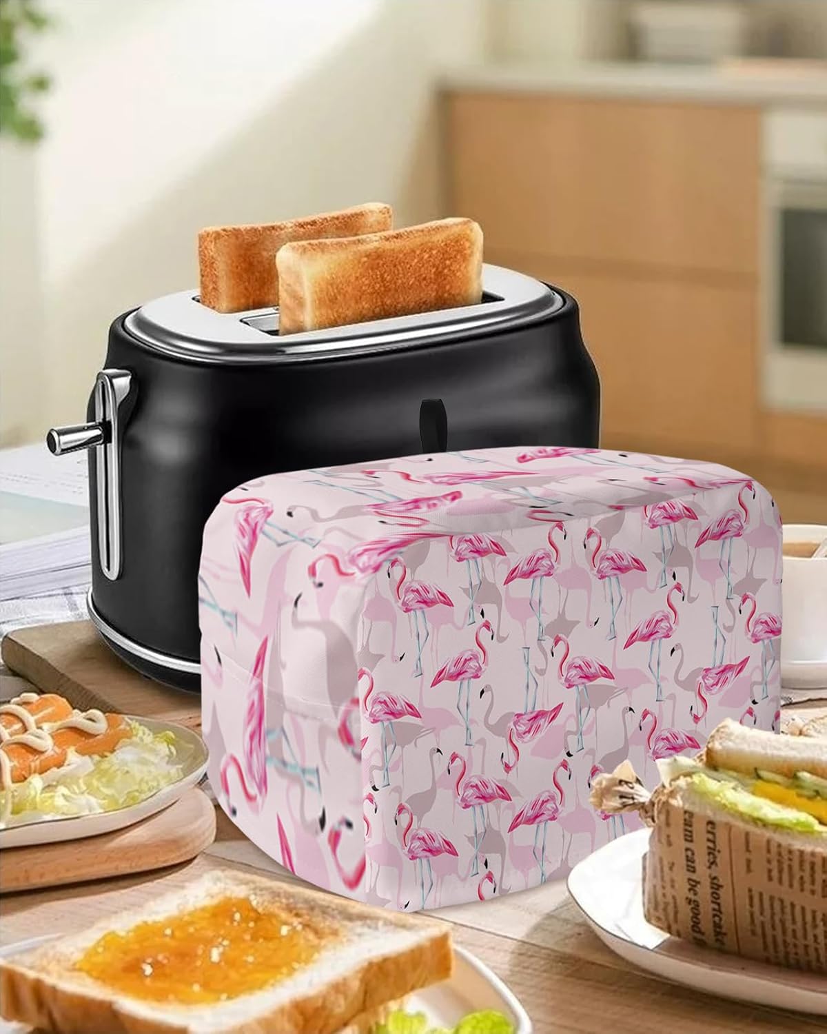 Cubierta para tostadora de pan de flamenco rosa con bolsillos, protector de utensilios para hornear a prueba de polvo, protector de utensilios de