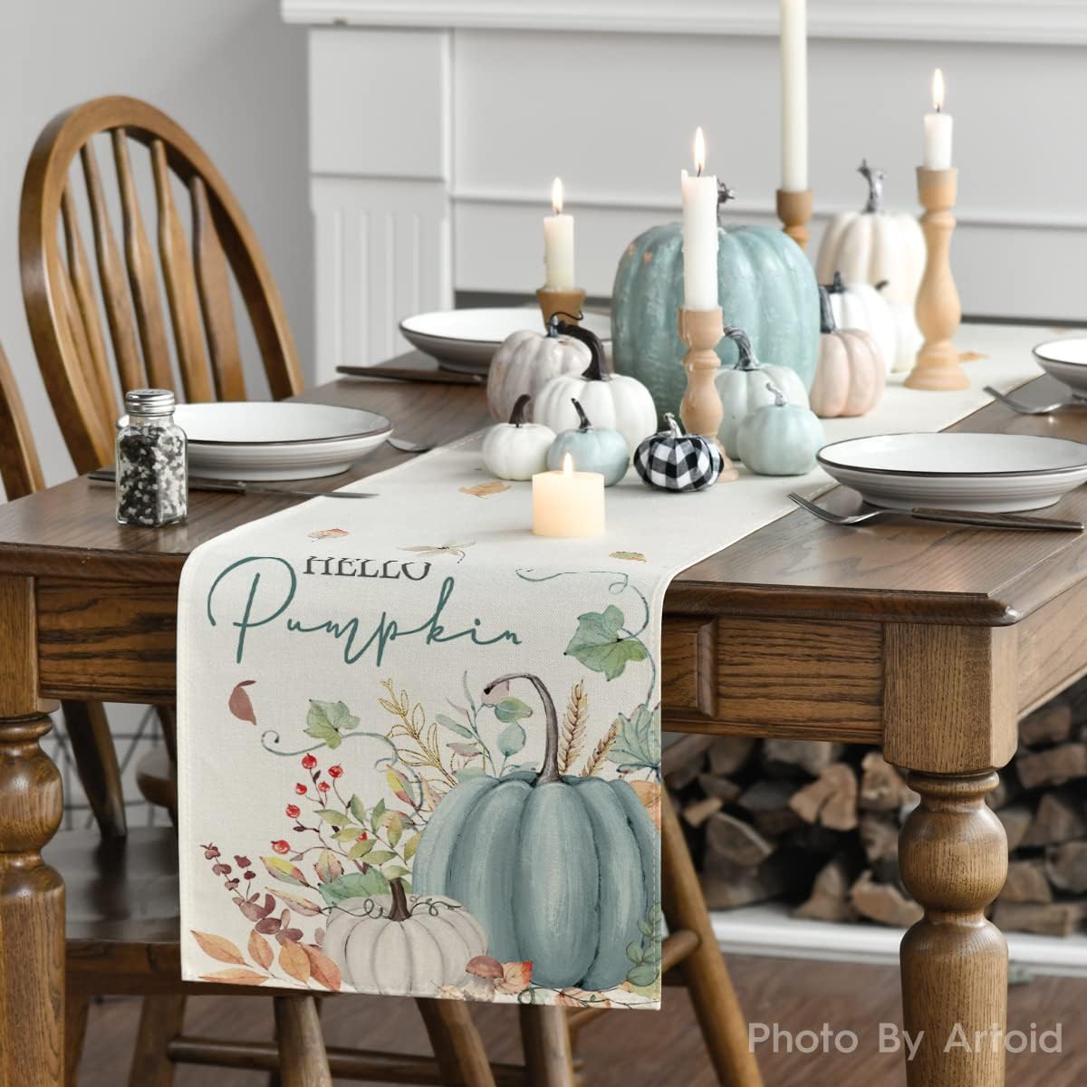 Artoid Mode Aqua Hello – Camino de mesa de otoño con hojas de calabaza, decoración de mesa de comedor de cocina de otoño de temporada para