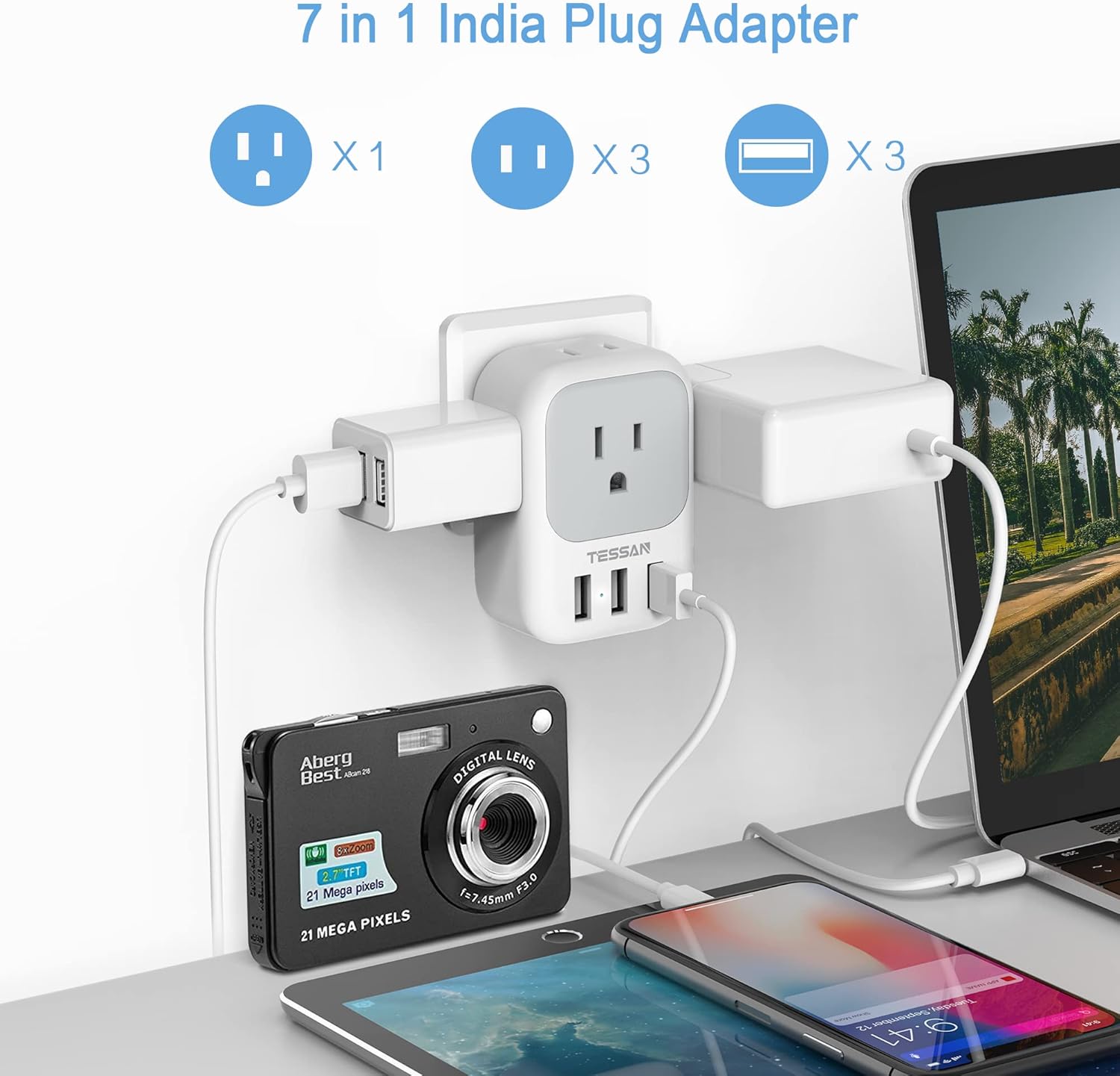 TESSAN Adaptador de enchufe de EE. UU. a India, adaptador de corriente 7 en 1 con 4 salidas de CA, 3 puertos de carga USB, adaptador de viaje para
