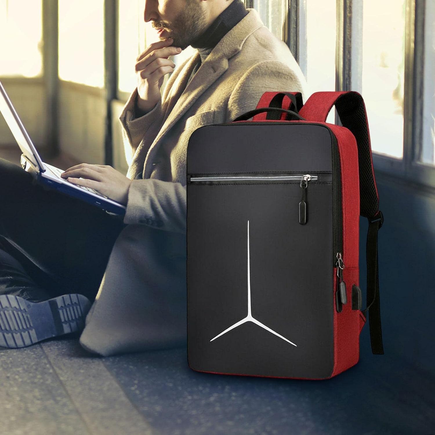 UxicRuya Lightweight Laptop Backpack with USB Port for Business Professionals, Red