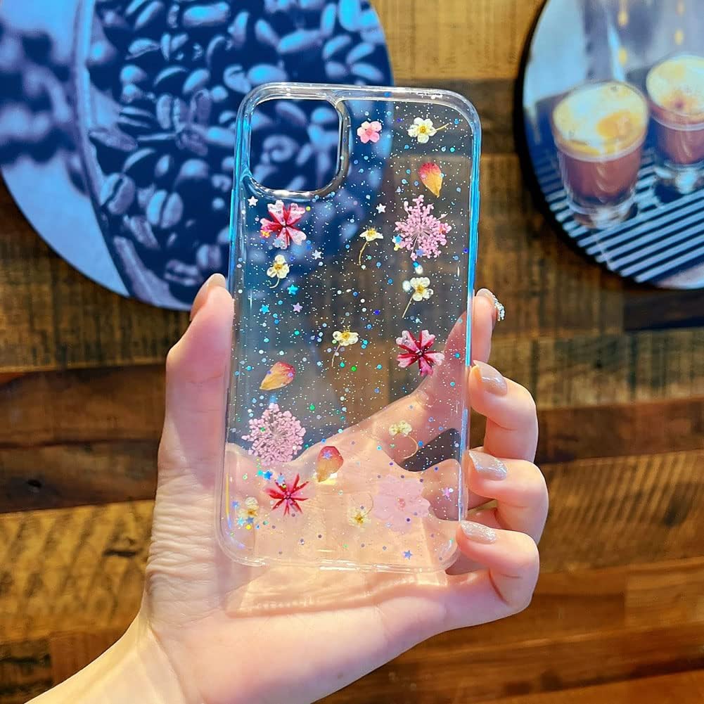 Diseñada para iPhone 13, funda estética brillante transparente con diseño de flores naturales, TPU suave prensado floral real, a prueba de golpes,