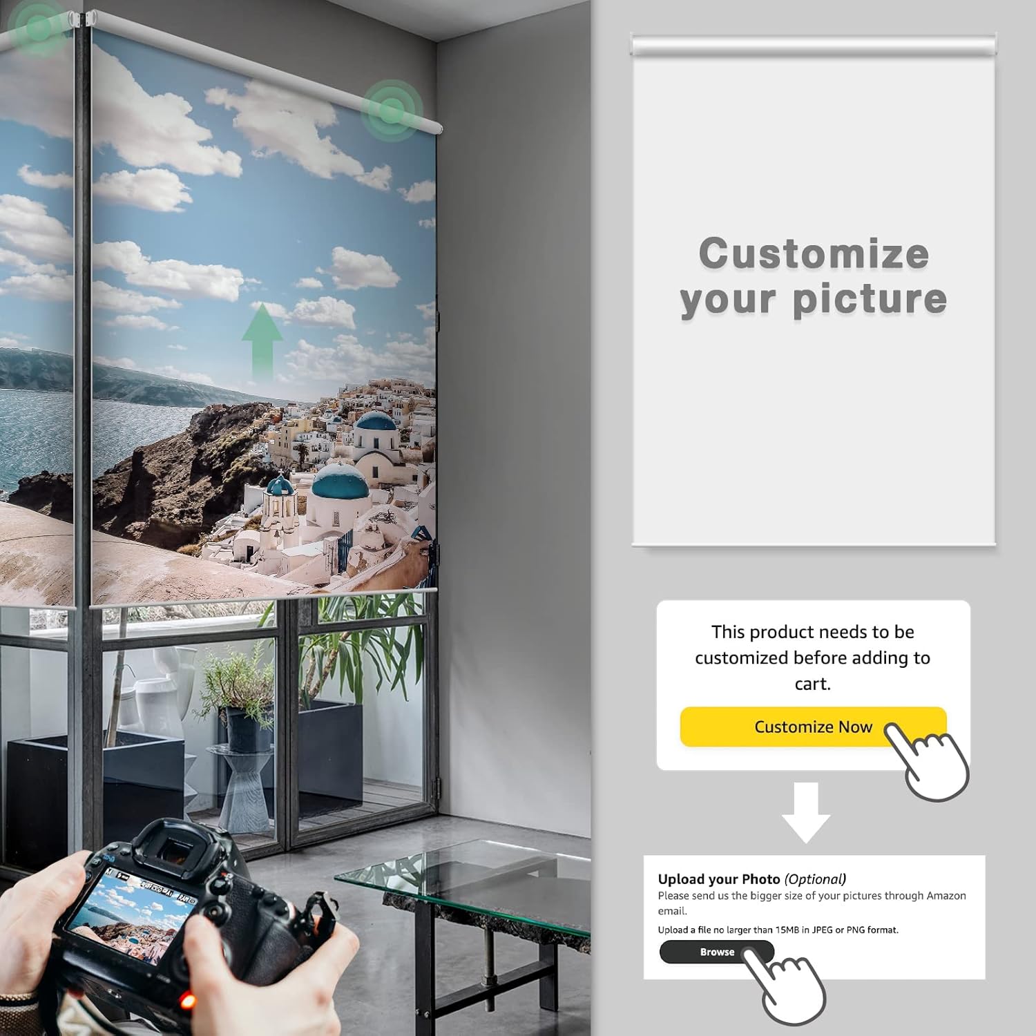 Yoolax Persiana enrollable motorizada con imagen, persianas inteligentes opacas que funcionan con tamaño y foto personalizados de Alexa, persianas