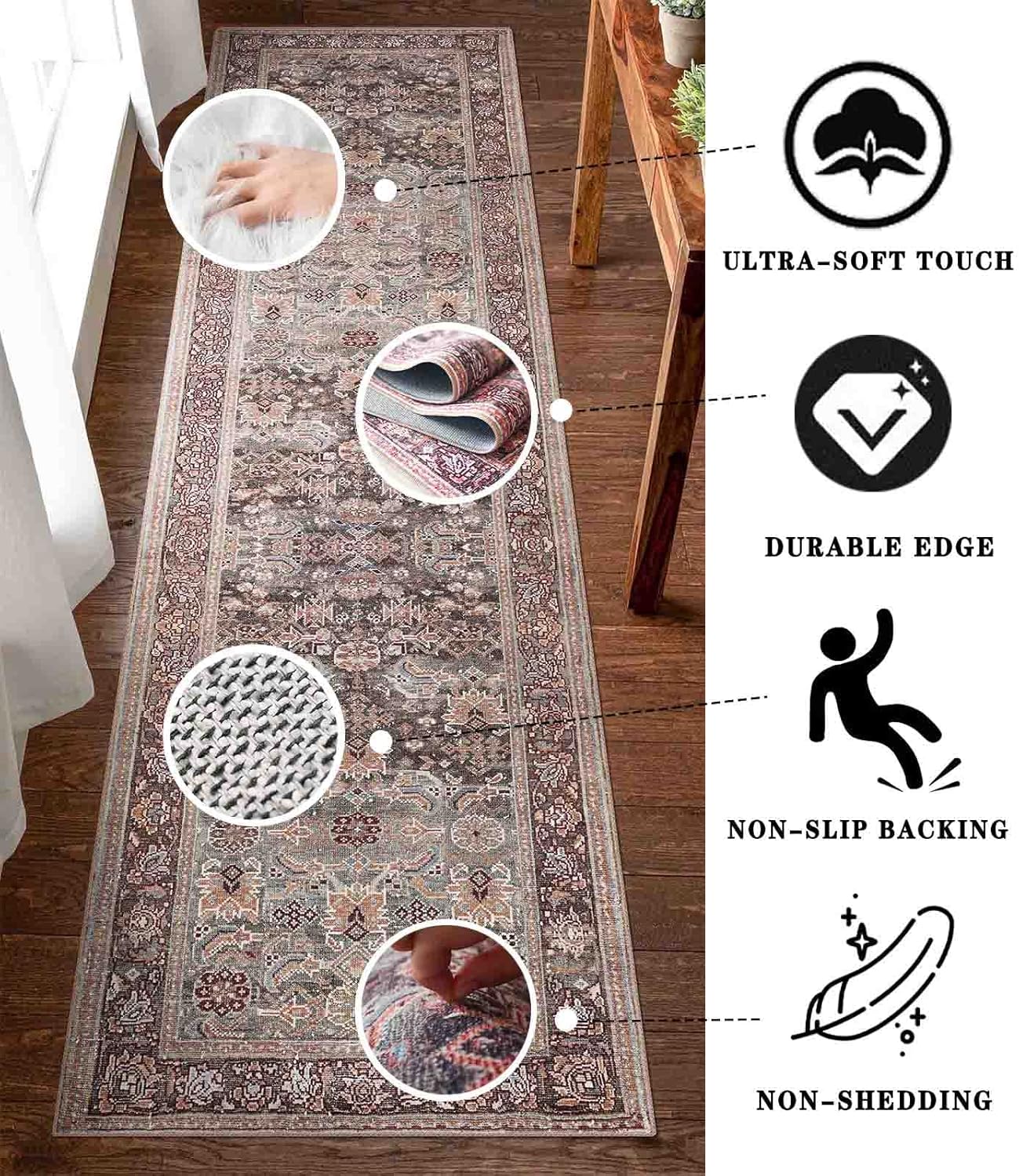 Poeti Alfombra lavable de 2 x 7 pulgadas, antideslizante para pasillos, alfombra ultra suave para corredor de cocina con respaldo de goma, alfombra