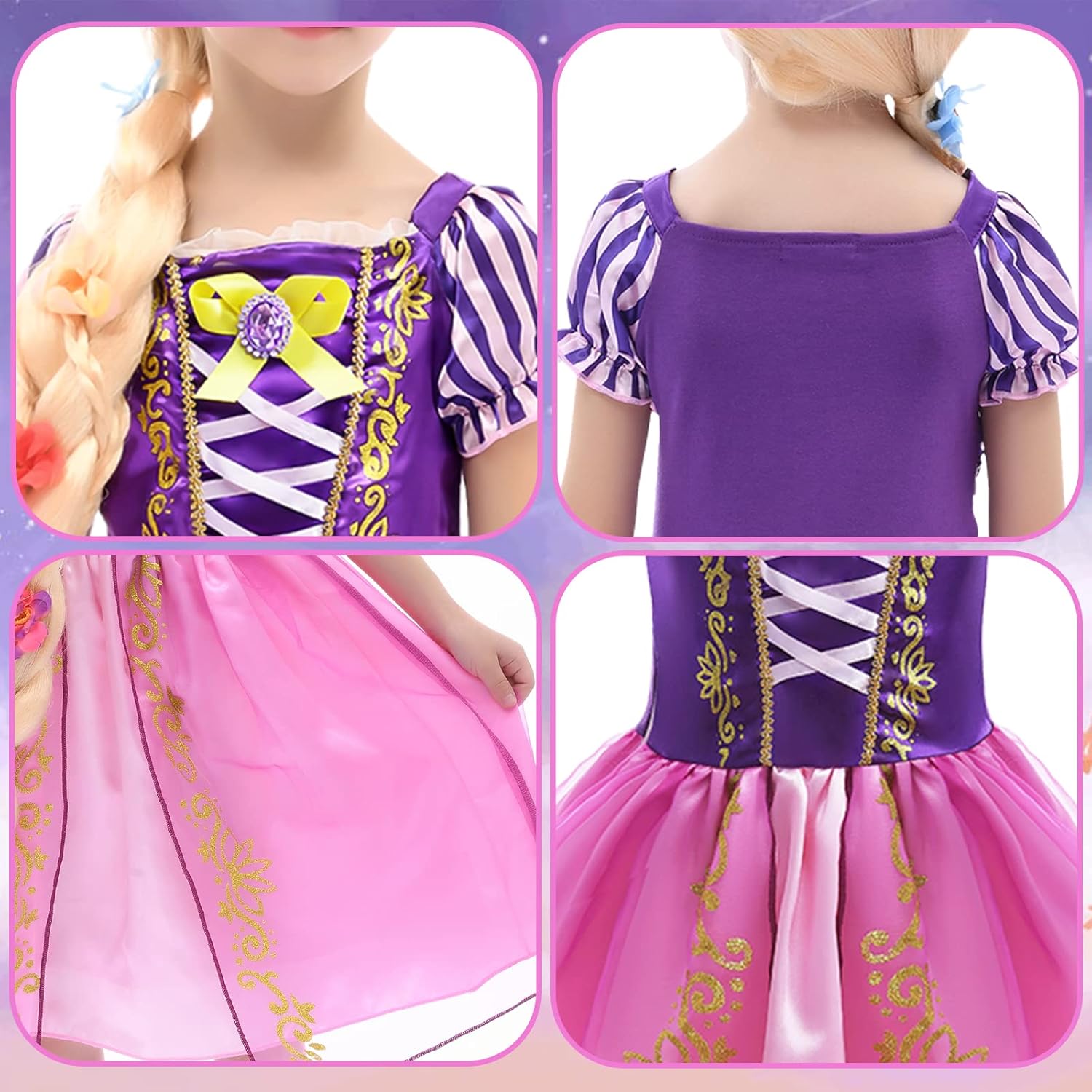 Tacobear Rapunzel – Vestido de princesa para niñas, disfraz de princesa con peluca, corona y alfiler de mariposa, disfraz de Halloween, cumpleaños,