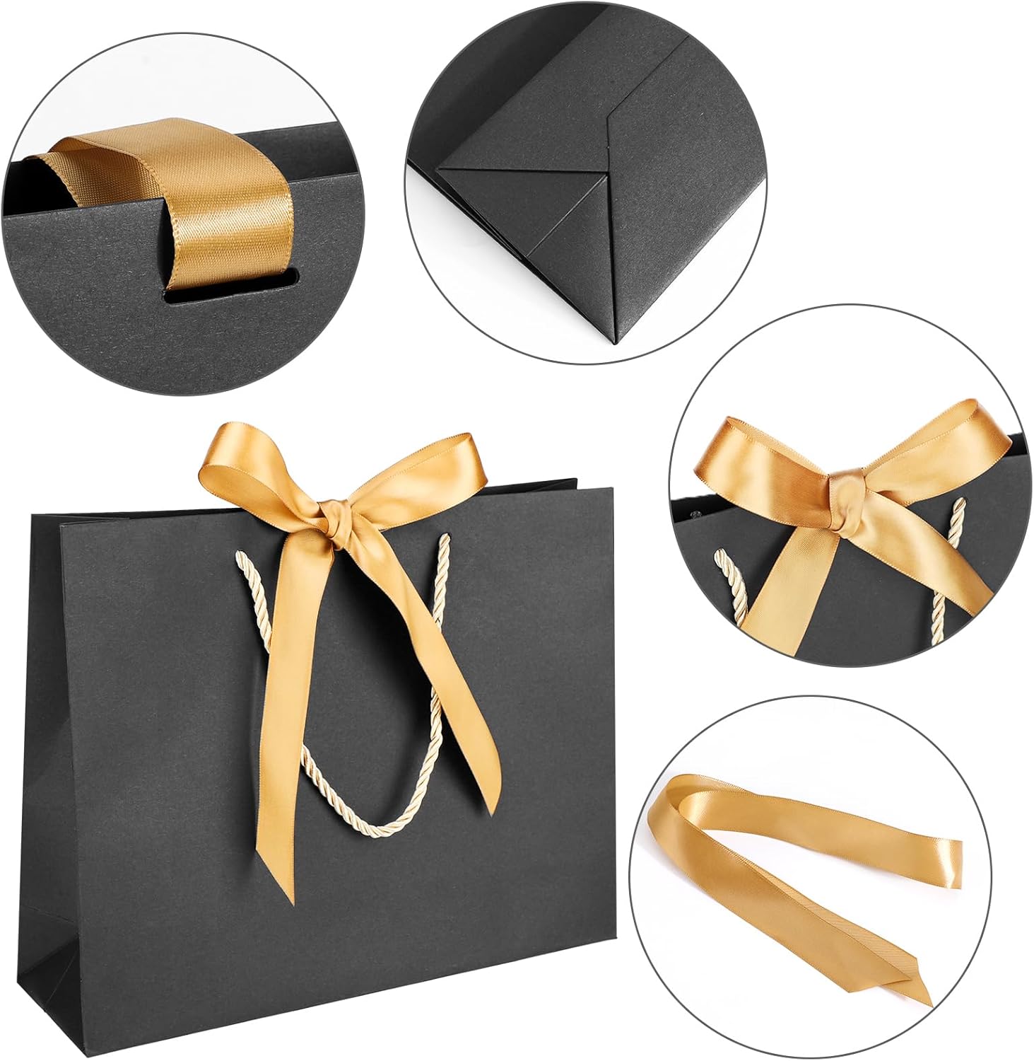 EUSOAR Bolsas de regalo con cinta, 12 bolsas de papel kraft negro de agradecimiento de 10.6 x 3.1 x 8.3 pulgadas, con asa de cinta de lazo, bolsas