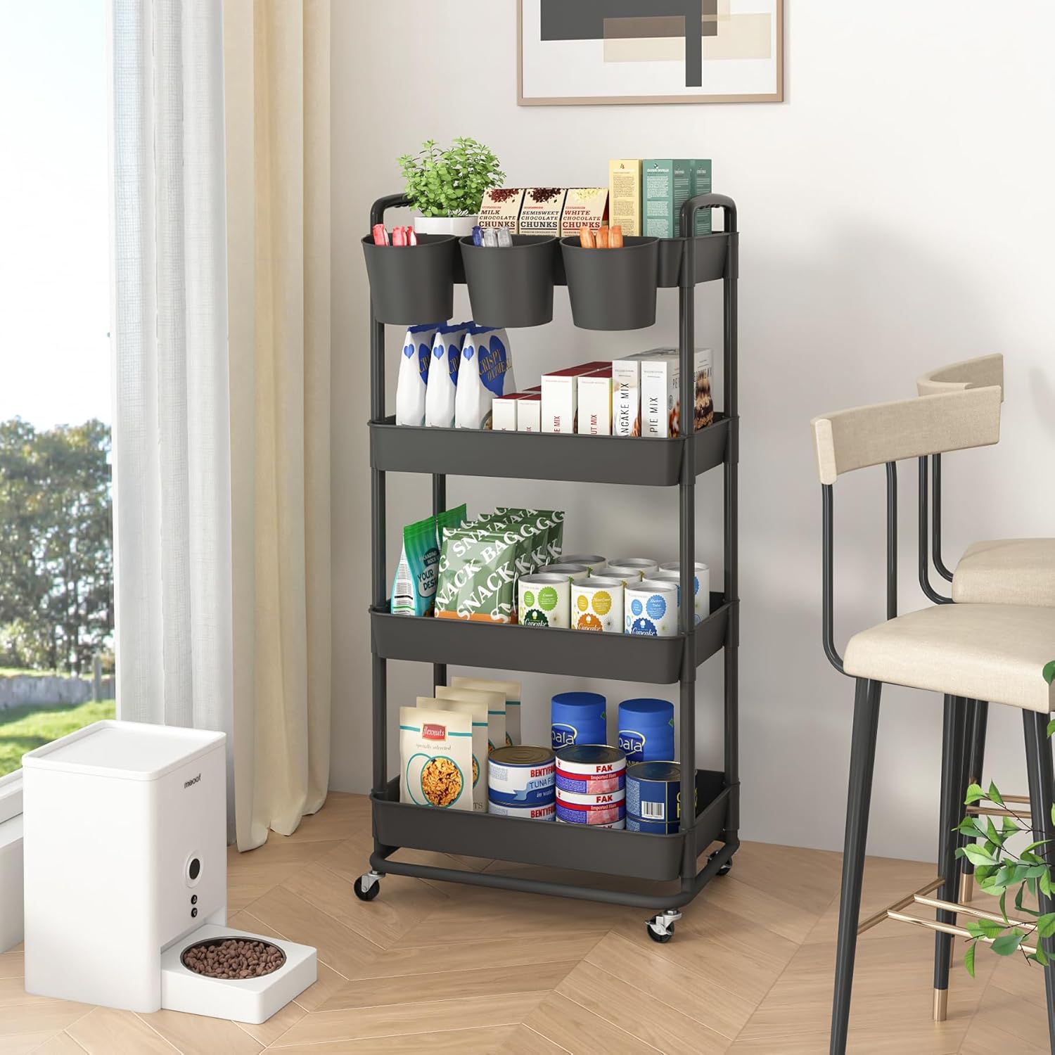 JIUYOTREE Carrito de almacenamiento de plástico de 4 niveles con asas de tazas colgantes adicionales, ruedas bloqueables para sala de estar, baño,