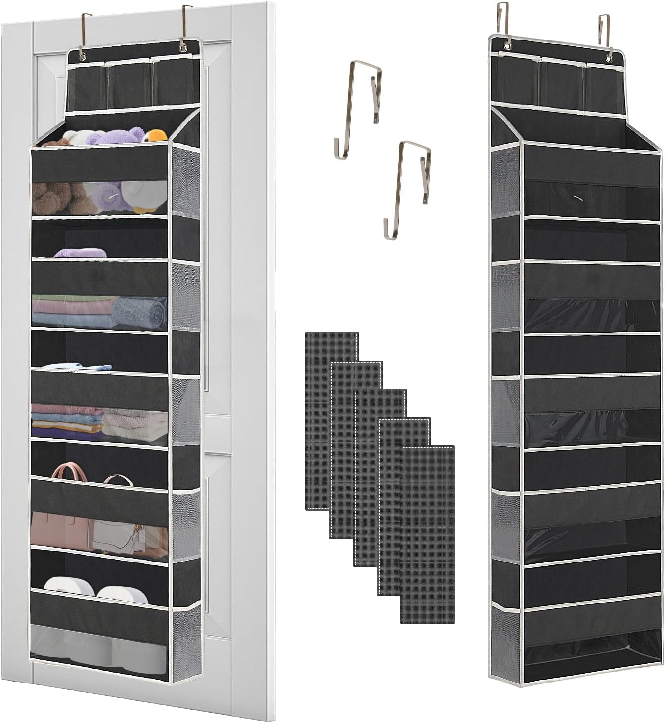 Organizador para colgar sobre la puerta, 5 estantes transparentes para colgar con 5 bolsillos grandes, 10 laterales de malla y 3 bolsillos de PVC,