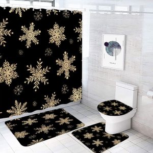 Juego de 4 cortinas de ducha de copos de nieve de Navidad, copos de nieve dorados, Navidad, Año Nuevo, color negro, 70 x 70 pulgadas, cortina de Juego de 4 cortinas de ducha de copos de nieve de Navidad, copos de nieve dorados, Navidad, Año Nuevo, color negro, 70 x 70 pulgadas, cortina de