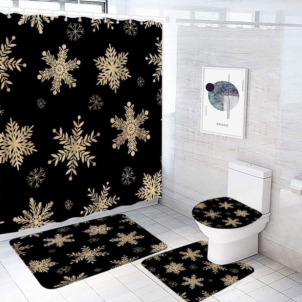 Juego de 4 cortinas de ducha de copos de nieve de Navidad, copos de nieve dorados, Navidad, Año Nuevo, color negro, 70 x 70 pulgadas, cortina de