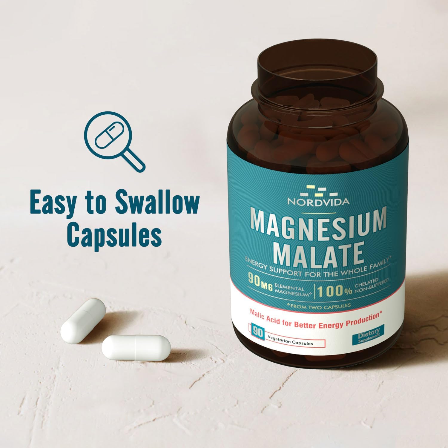 Malato de magnesio, 90 mg de magnesio elemental, para adultos y niños, totalmente quelado con ácido málico, apoya la producción de energía y la