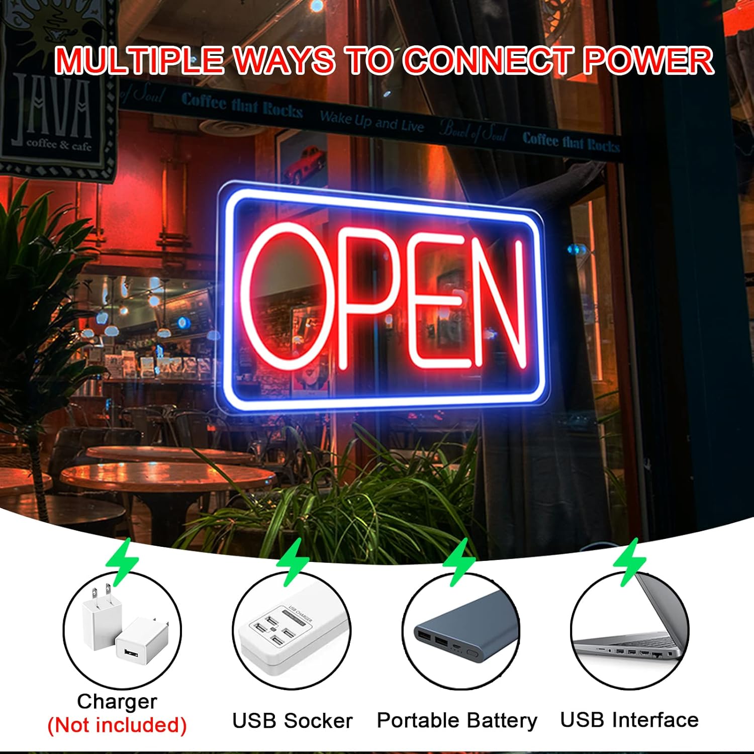 Letrero abierto de neón LED de 16.5 x 9 pulgadas para ventana de negocios, alimentado por USB con interruptor, 5 tipos de ajuste de brillo para