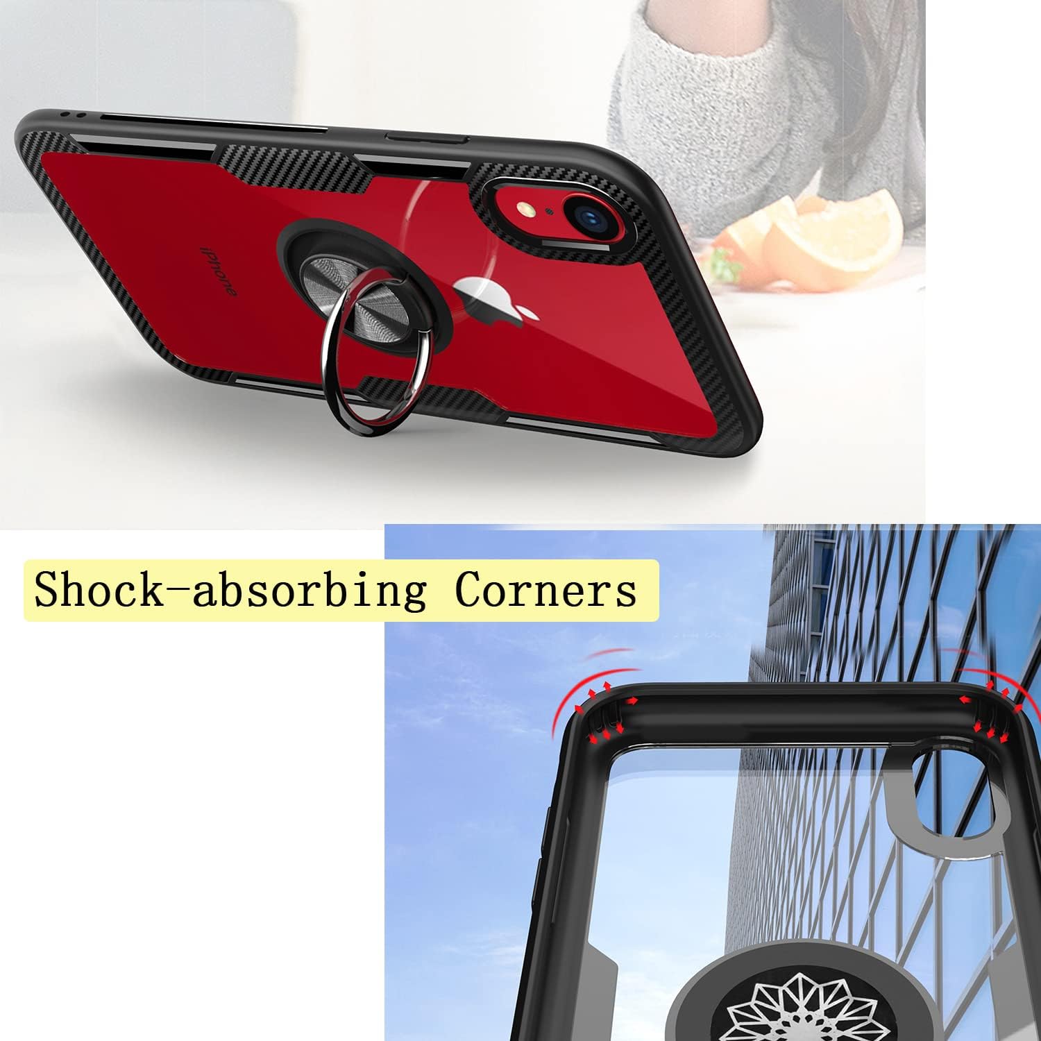 Funda con anillo para iPhone XR, diseño de fibra de carbono de cristal transparente, antiarañazos, con soporte de anillo de rotación de 360 grados
