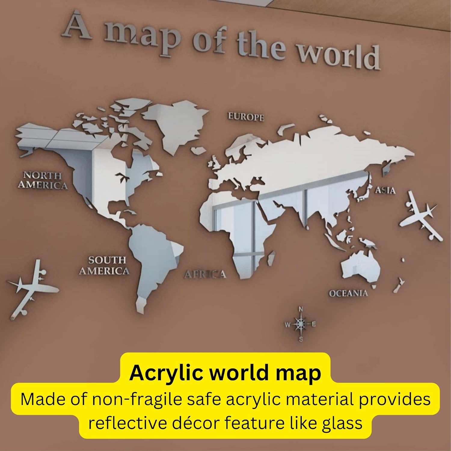 Calcomanías de pared 3D de acrílico con mapa del mundo impermeable para aula, oficina, habitación de los niños, pasillo, biblioteca, etc. (S,