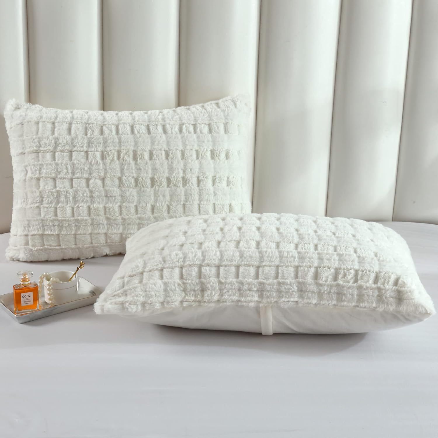 Funda de almohada de piel sintética esponjosa a cuadros, fundas de almohada decorativas de felpa esponjosa (King, beige)