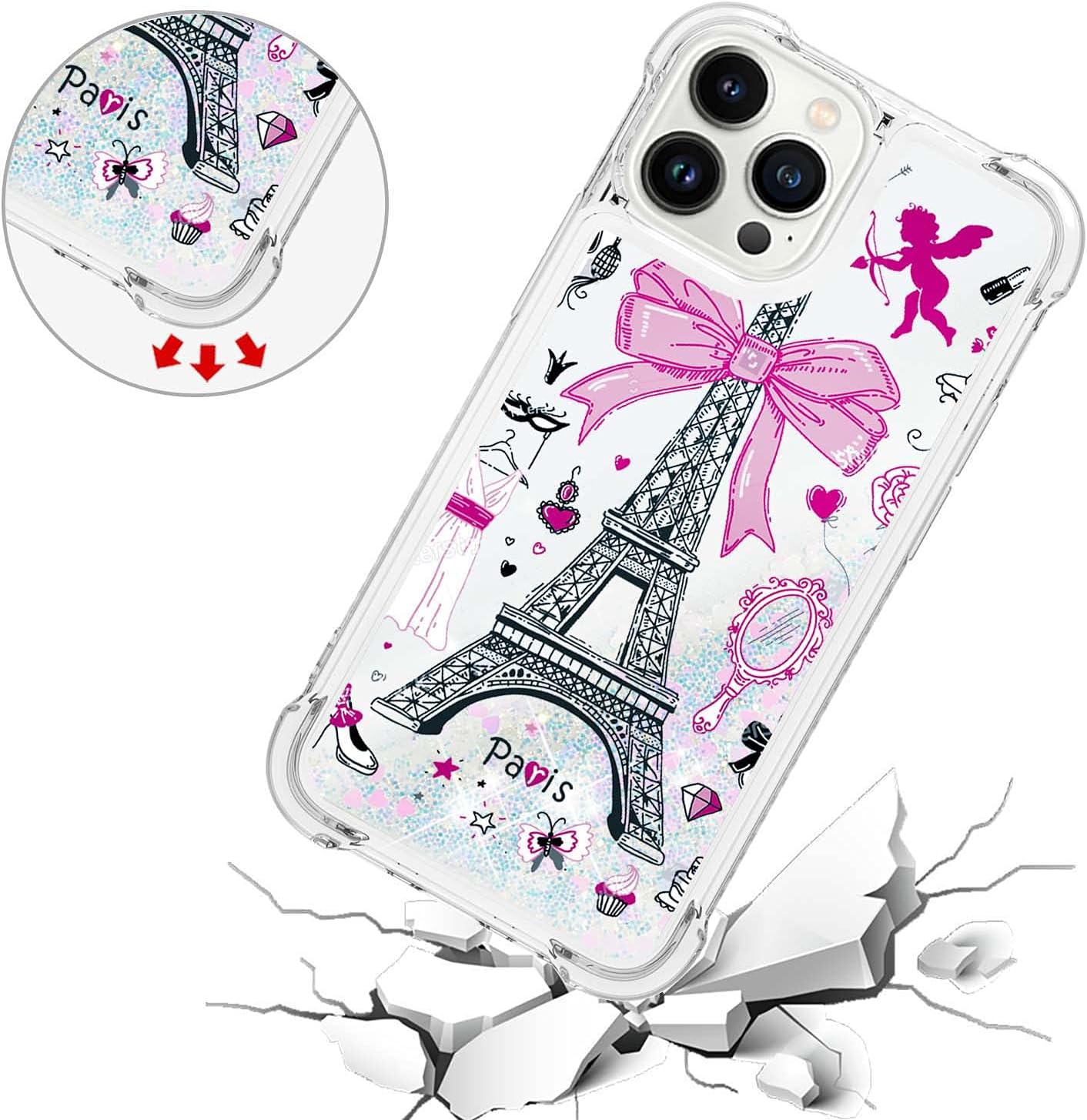 Funda para iPhone 15 Quicksand Case, Glitter Floating Clear Quicksand Airbag Soft TPU Silicona a prueba de golpes de lente protector de pantalla
