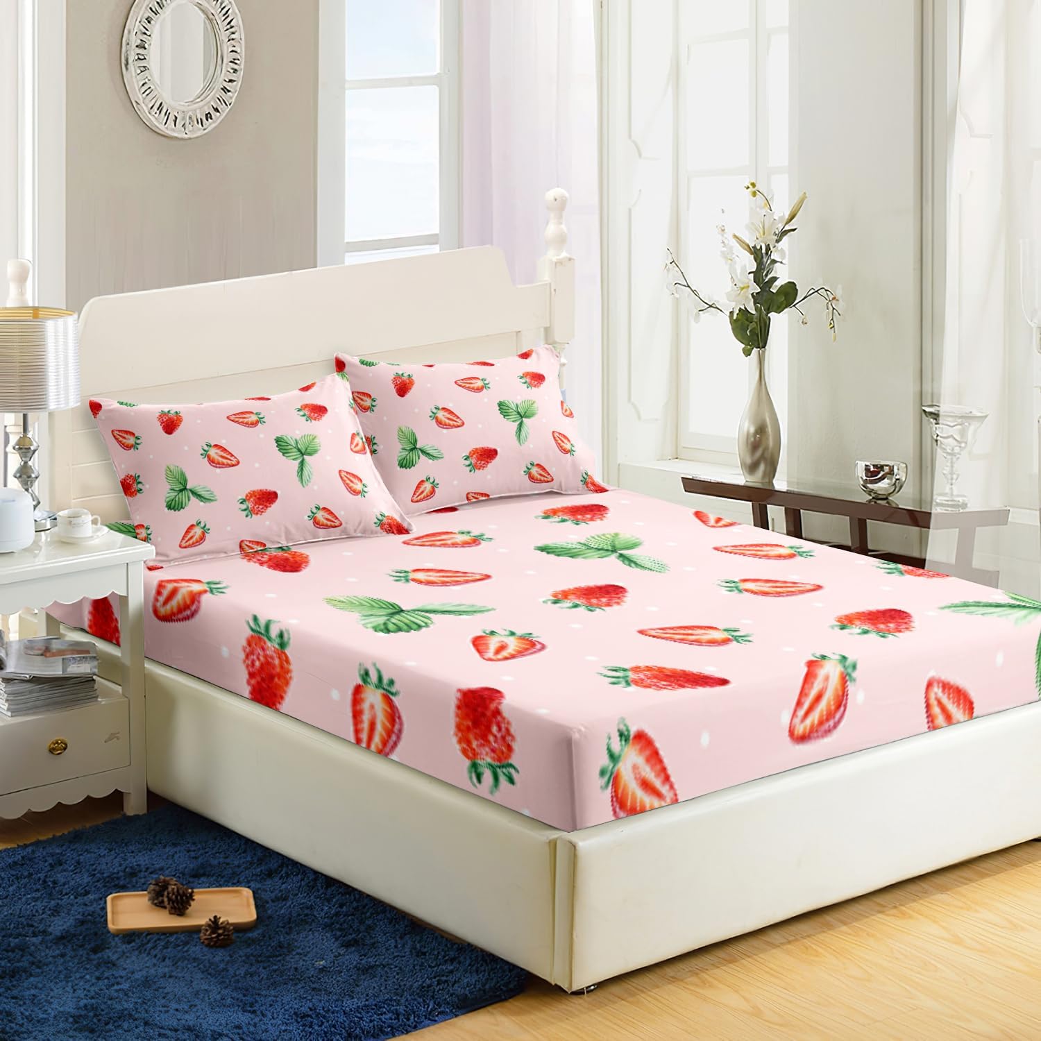 AILONEN Juego de sábanas bajeras de fresa tamaño individual, juego de sábanas bonitas de fresa para niñas, juego de sábanas temáticas rosas, 3