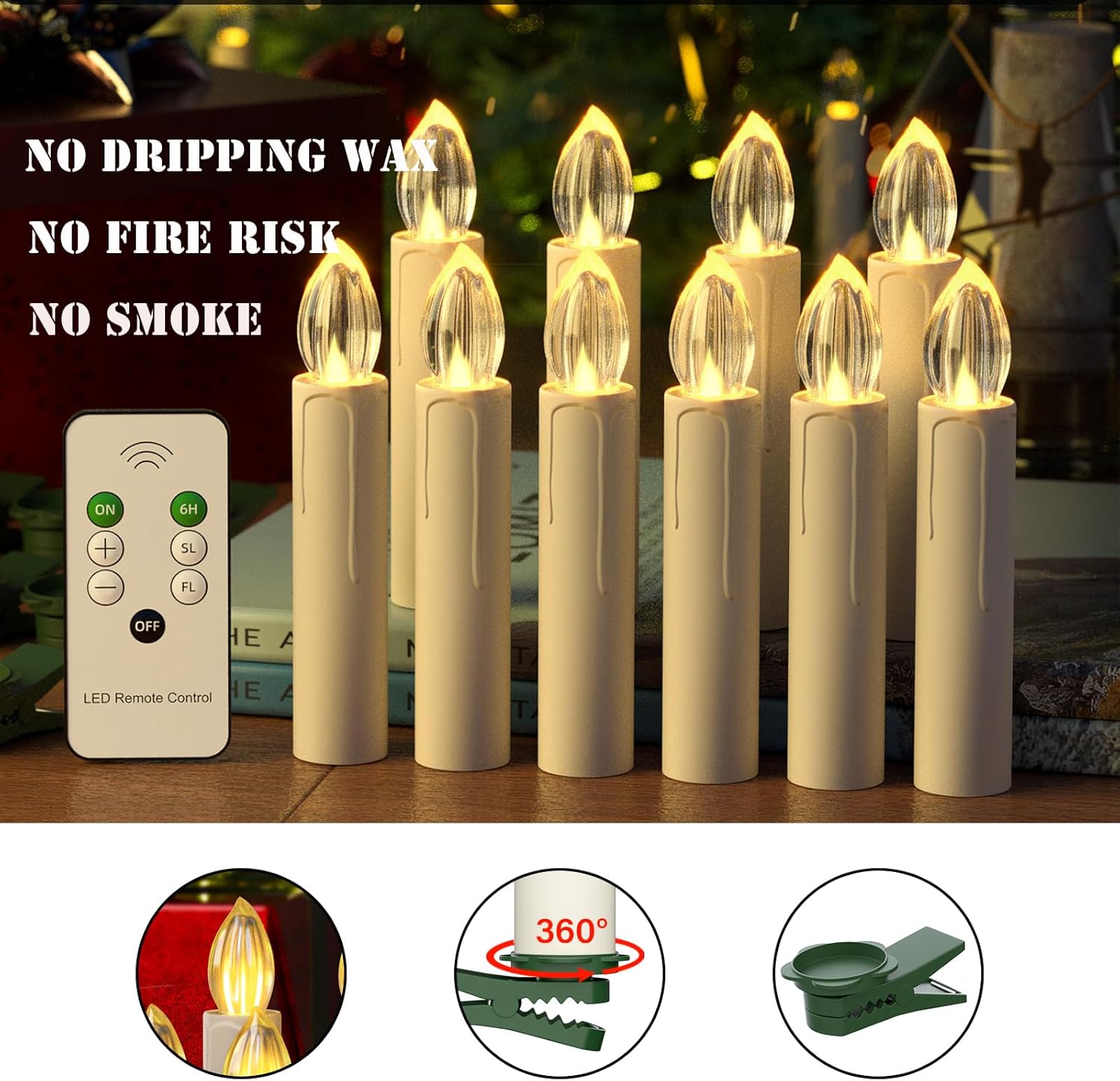 Annxrenn 10 velas de Navidad para ventana, funciona con pilas, sin llama, con temporizador y clips remotos, luz blanca cálida para decoración de