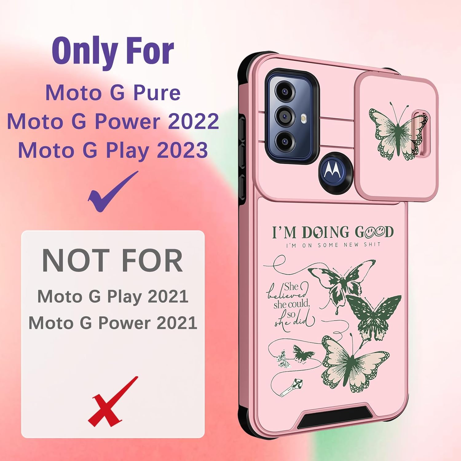 Funermei Funda para teléfono Motorola Moto G Pure 2 en 1, funda para teléfono Moto G Power 2022, funda para Moto G Play 2023 para mujeres, diseño