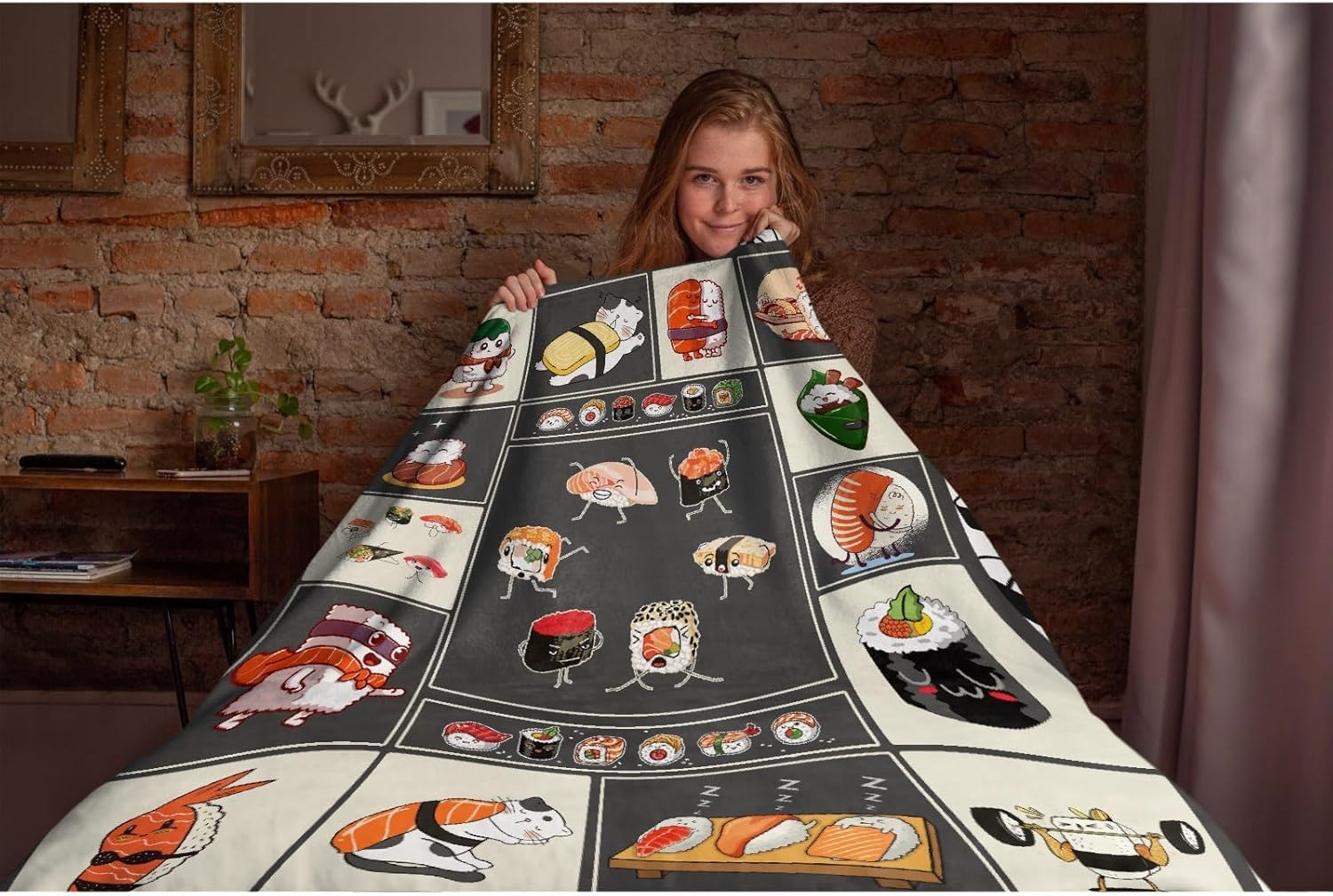 Linda manta de sushi japonés, ligera, súper suave y acogedora, cálida y ligera, manta de franela suave de 50 x 40 pulgadas, pequeña para cama