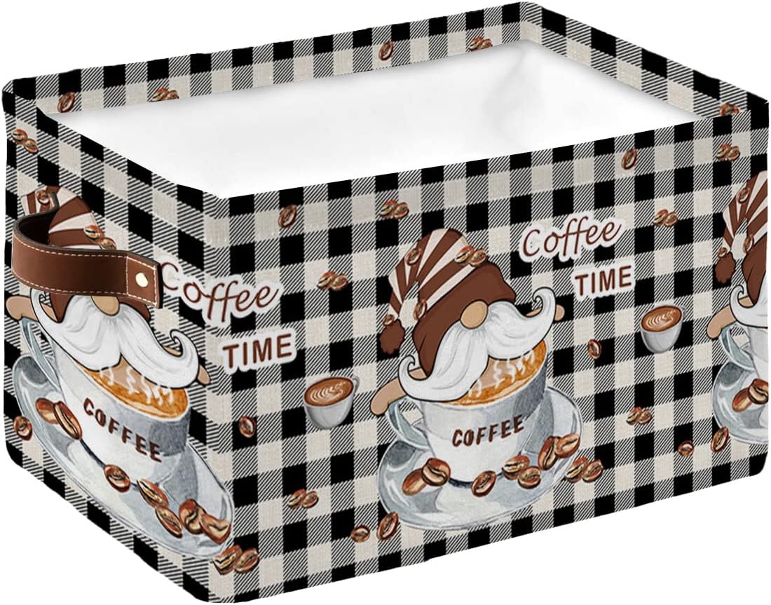 Qumstemily Cesta de almacenamiento para organizar estantes, cajas de almacenamiento plegables con asa, gnomos, granos de café, blanco y negro, cesta