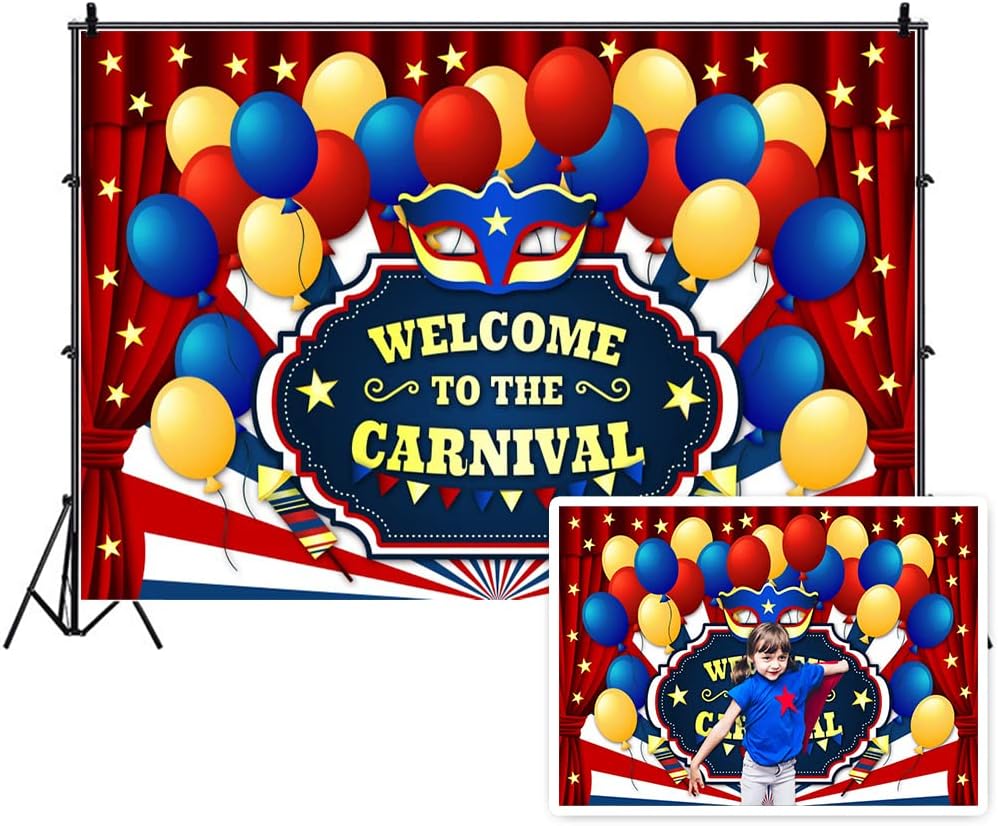 Yeele Telón de fondo de fiesta de carnaval de 10 x 6.5 pies para fotografía, globos azules y amarillos, cortina roja, telón de fondo para fiesta,