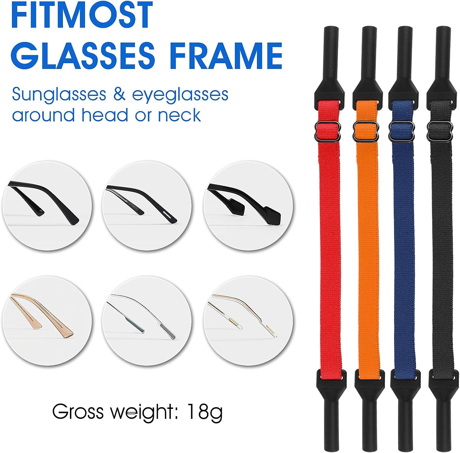 Amabro Correas ajustables para gafas, 4 soportes para lentes de sol, correa para lentes de sol, retenedor universal para gafas, unisex, sin cola,