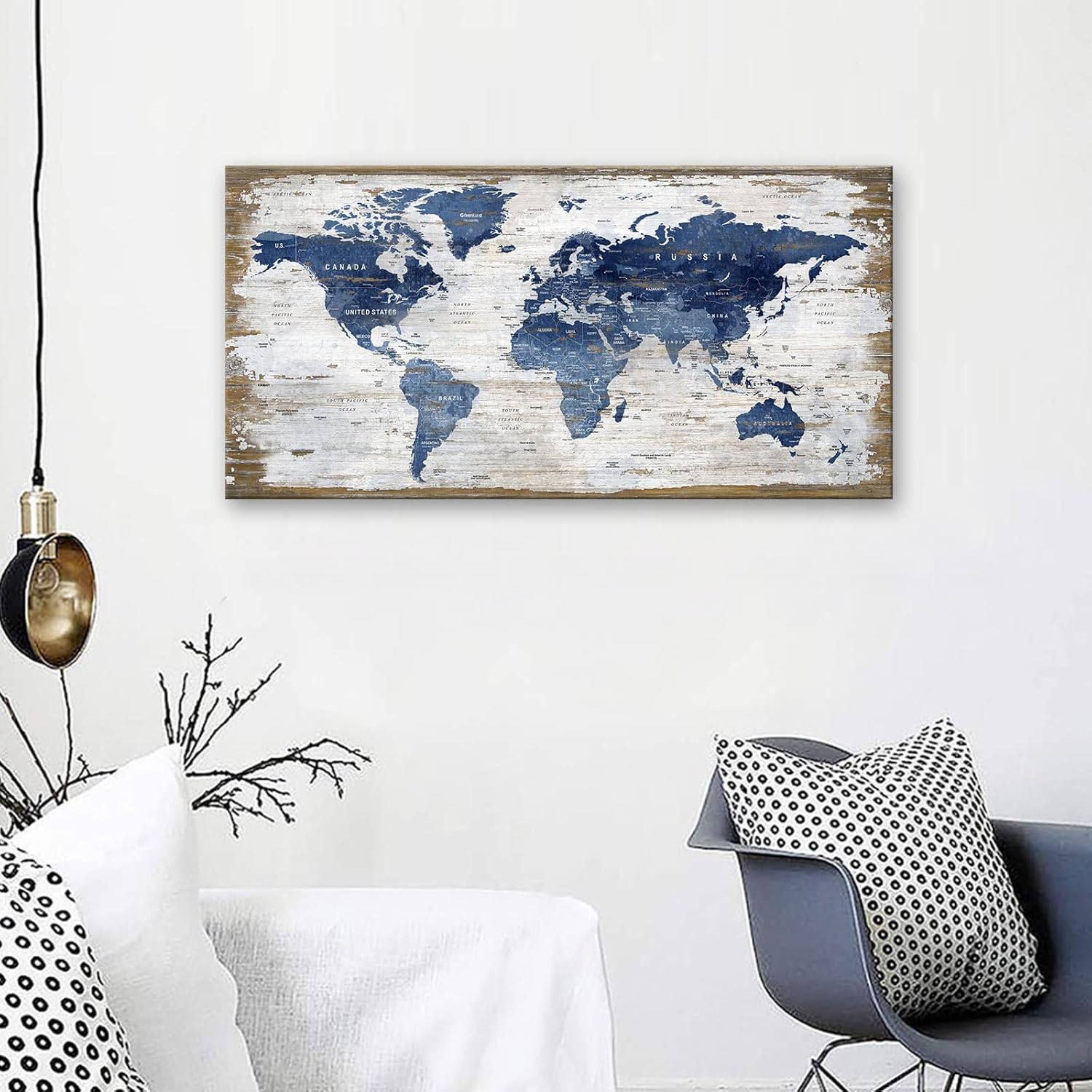 Lienzo grande con mapa del mundo vintage, arte para la pared, diseño de mapa azul oscuro del mundo, imágenes de mapas retro, impresiones artísticas
