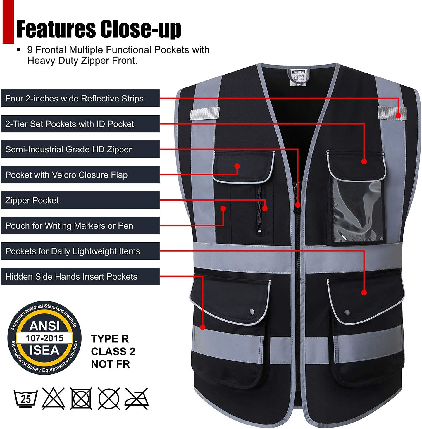 Chalecos de seguridad reflectantes clase 2 retro con 9 bolsillos multifuncionales y cremallera frontal, color amarillo, ANSIISEA 107-2015