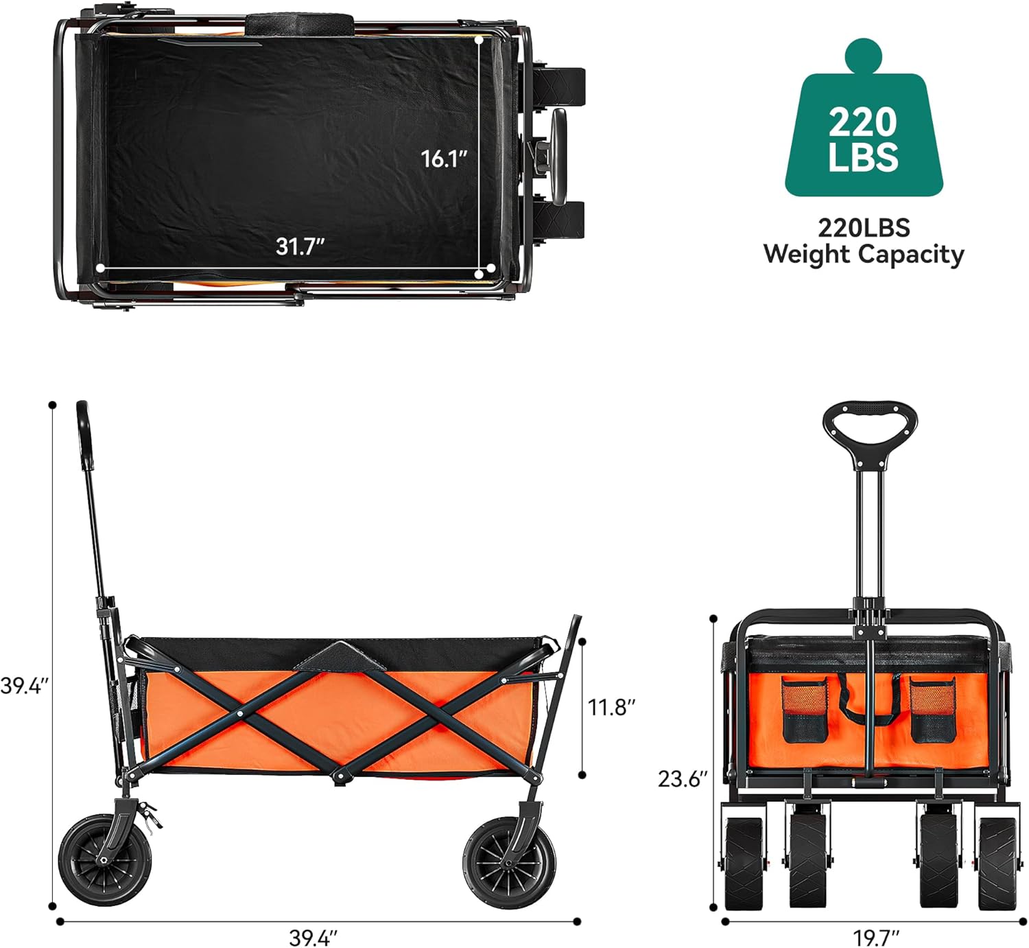 YITAHOME Carro de playa con ruedas universales grandes, carro plegable con mesa, 2 soportes para bebidas, gran capacidad de carga de 220 libras,