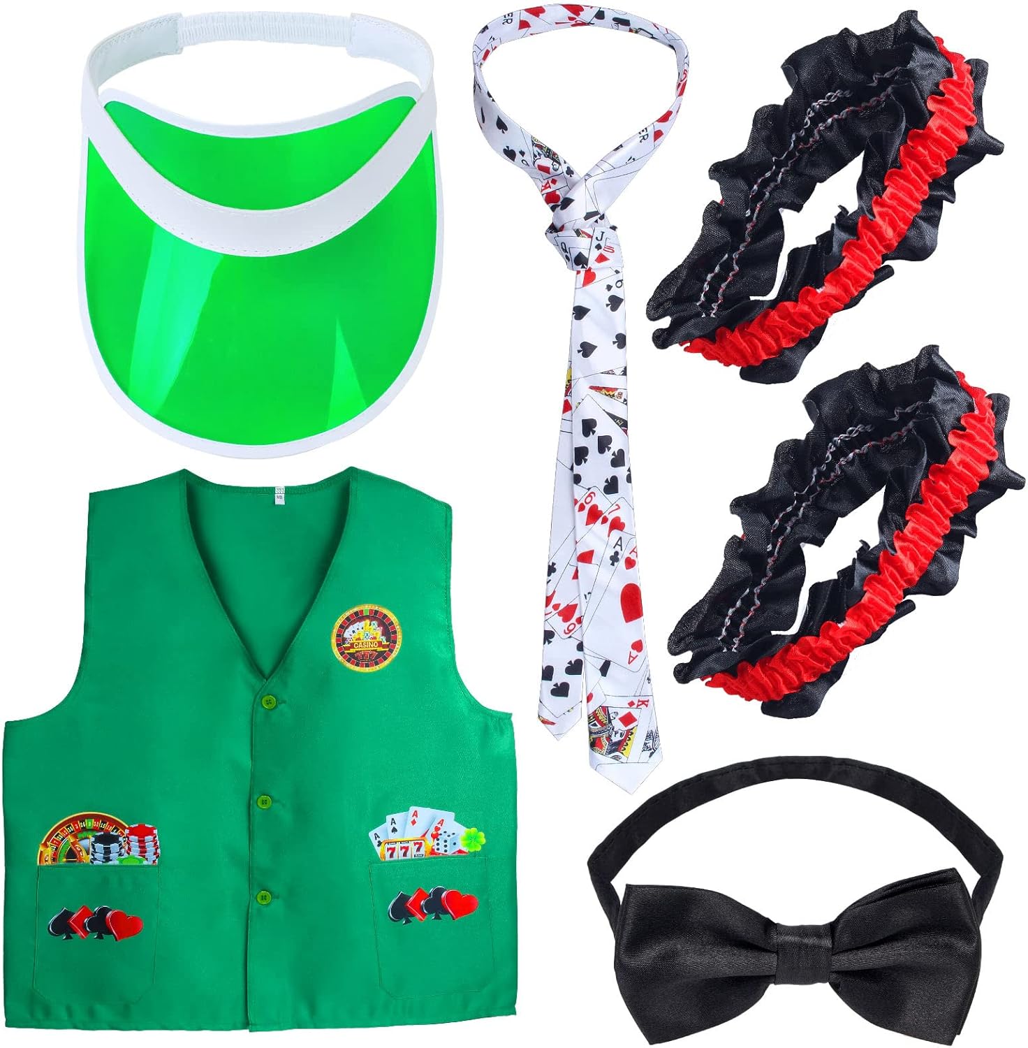 Juego de chaleco de distribuidor de casino, viseras de distribuidor, sombrero, pajarita, tarjeta de juego, corbata, brazalete, para Las Vegas, juego