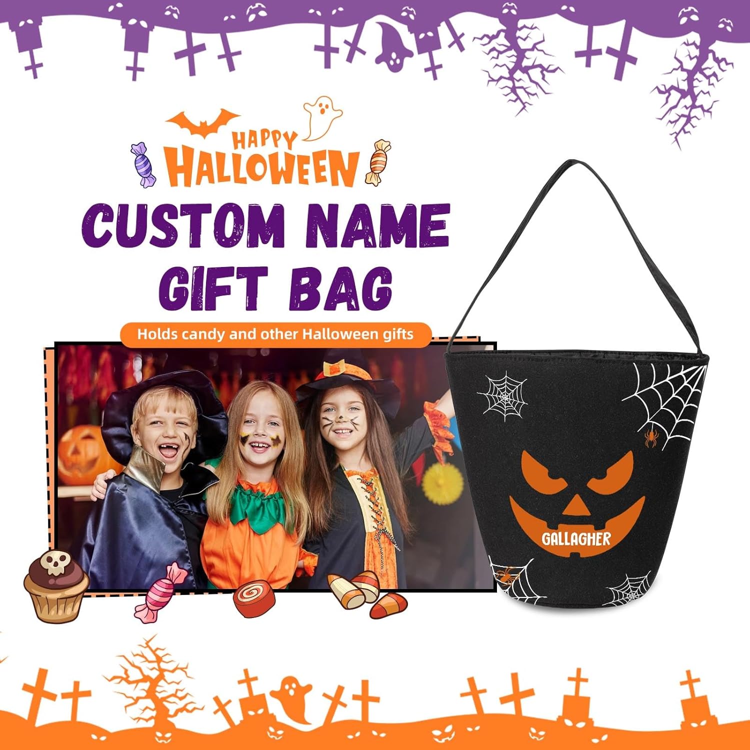Cubo personalizado con nombre, cesta de dulces de Halloween, bolsa para niños y niñas, cubo de calabaza para fiesta de Halloween (estilo 3)