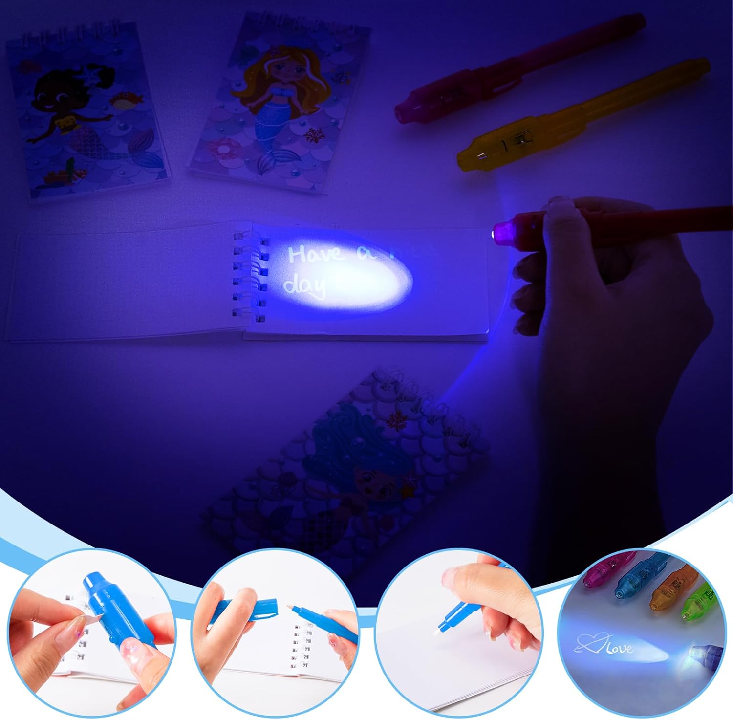 Winrayk Regalos de fiesta de sirena, suministros de cumpleaños para niñas, bolígrafos de tinta invisible, mini cuadernos, calcomanías para niños,