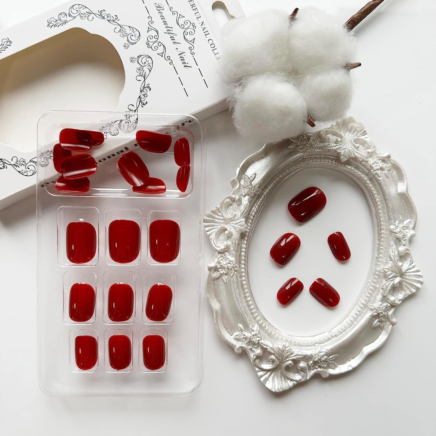 Uñas postizas cuadradas cortas a presión, color rojo viento, uñas postizas de cobertura completa con diseños, uñas adhesivas de acrílico artificial