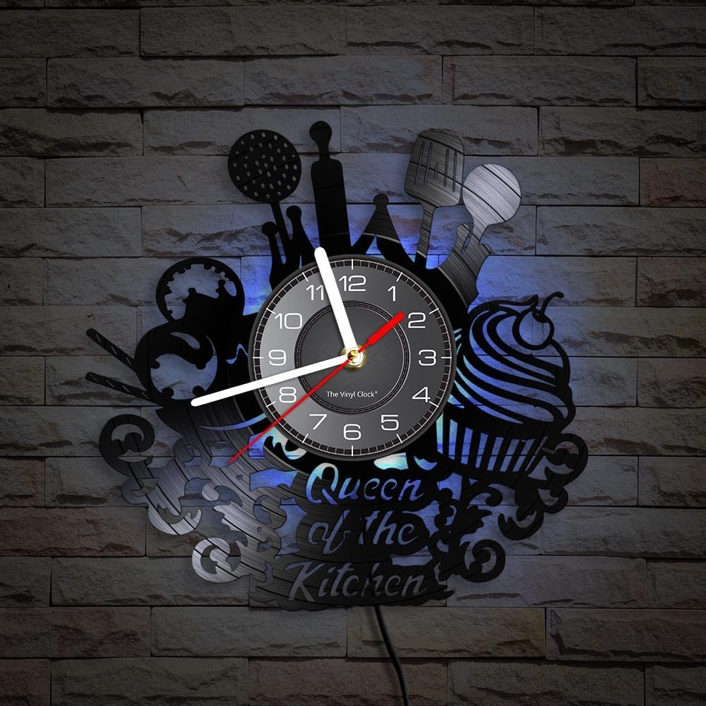 Reloj de pared de disco de vinilo de cocina de 12 pulgadas con 7 modos luminosos, moderno, decorativo, silencioso, de cuarzo, sin tictac, negro,