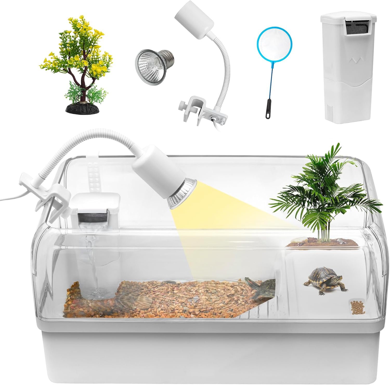 Kit de hábitat de tanque de tortuga, acuario de iniciación de recinto de tortuga acuática con área multifunción, escondite, luz de plataforma UV,