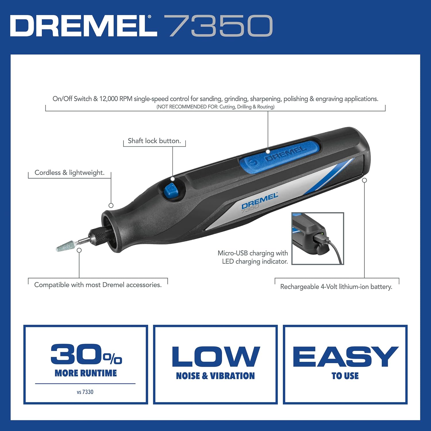 Dremel 7350-5 Kit de herramientas rotativas inalámbricas, incluye batería de iones de litio de 4 V y 5 accesorios de herramientas rotativas, ideal