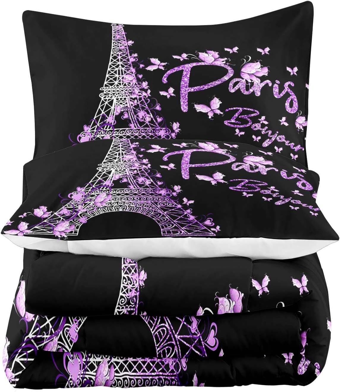 LUVIVIHOME Juego de edredón de París de 2 piezas, tamaño individual, edredón de mariposa morada, juegos de ropa de cama de la Torre Eiffel,