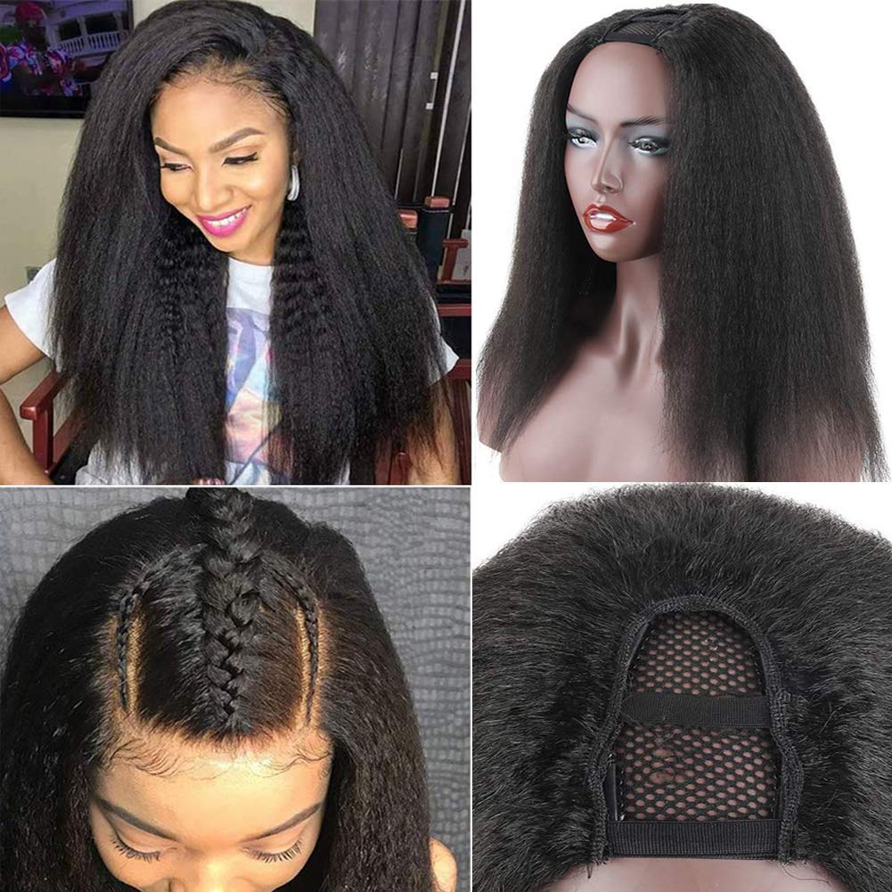 Aisaide Pelucas sintéticas rectas con parte en U para mujeres negras, pelucas sintéticas cortas Yaki lacias negras para cabello natural, peluca en
