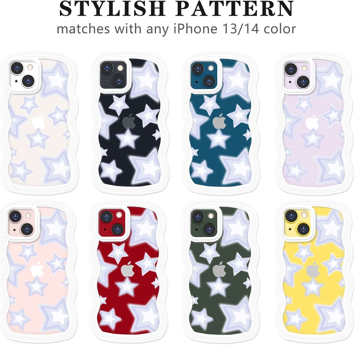 NITITOP Funda compatible con iPhone 13iPhone 14, marco ondulado con ondas de estrella, para mujeres y niñas, forma rizada, a prueba de golpes, TPU