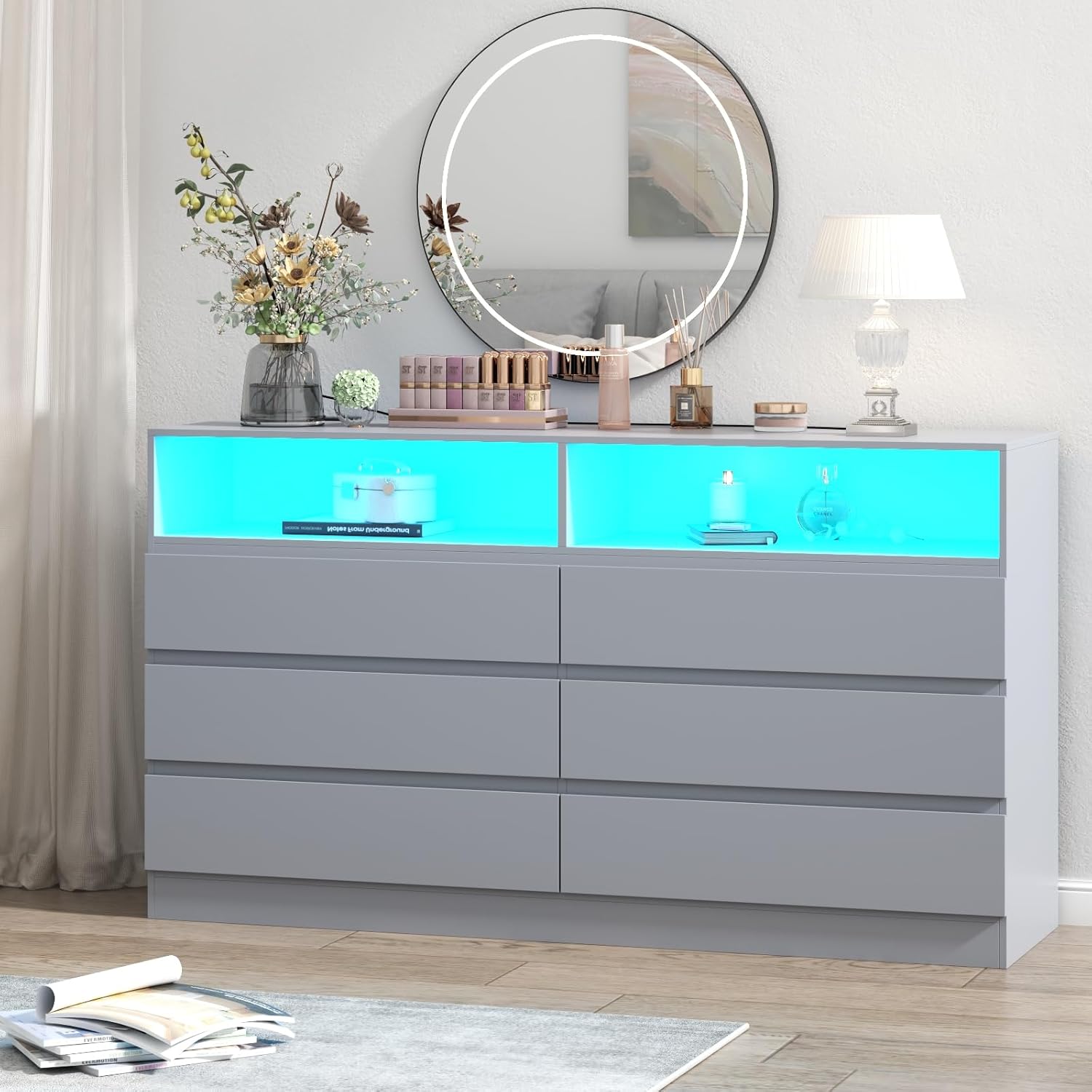 Gyfimoie Cómoda doble de 6 cajones con toma de corriente, cajones decorativos con luz LED, cómoda de almacenamiento moderna para dormitorio, sala de
