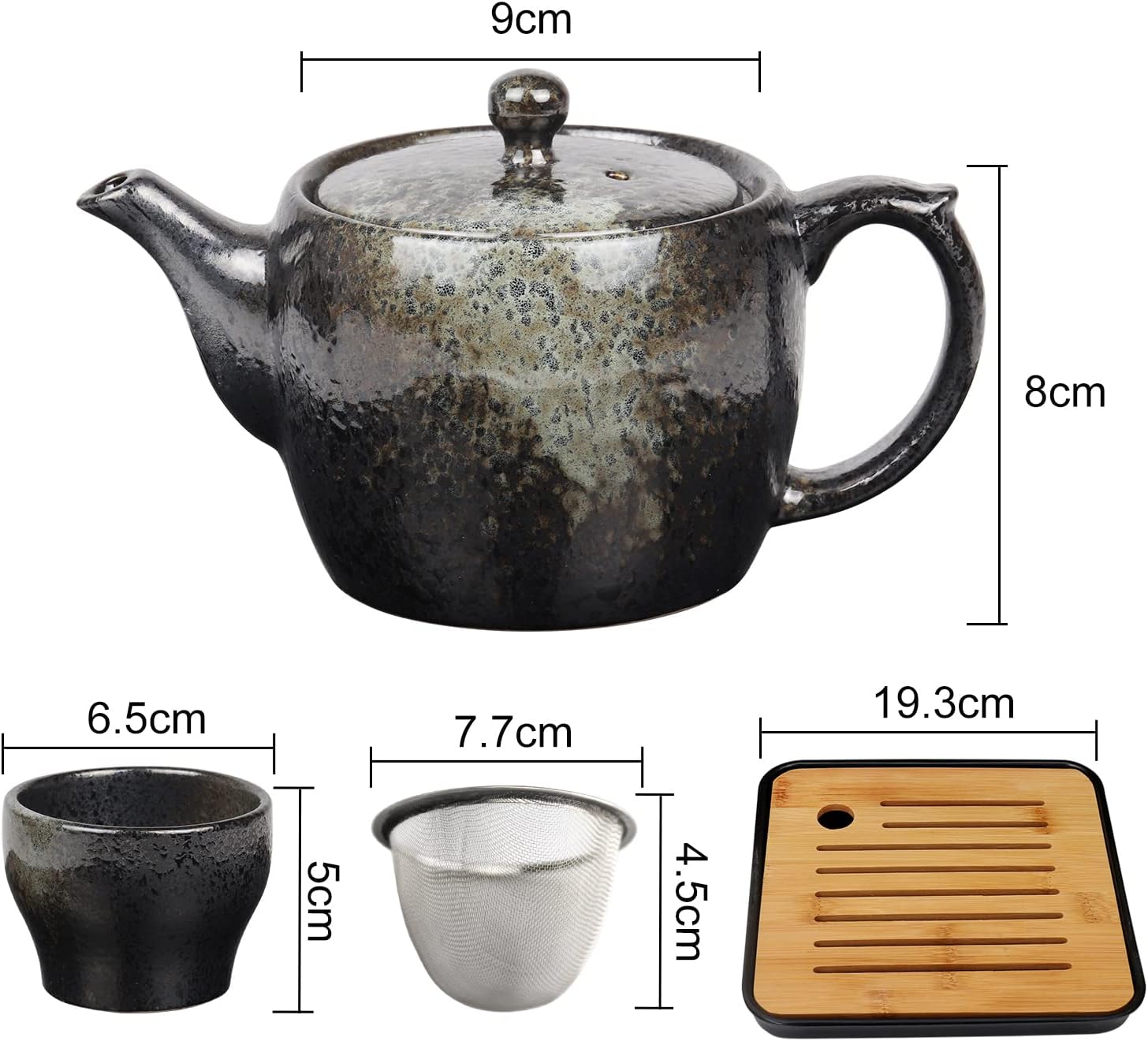 Hannah Choice Juego de té japonés de cerámica, juegos de té negro con 1 tetera, 4 tazas de té, 1 bandeja de té, 1 infusor de acero inoxidable,